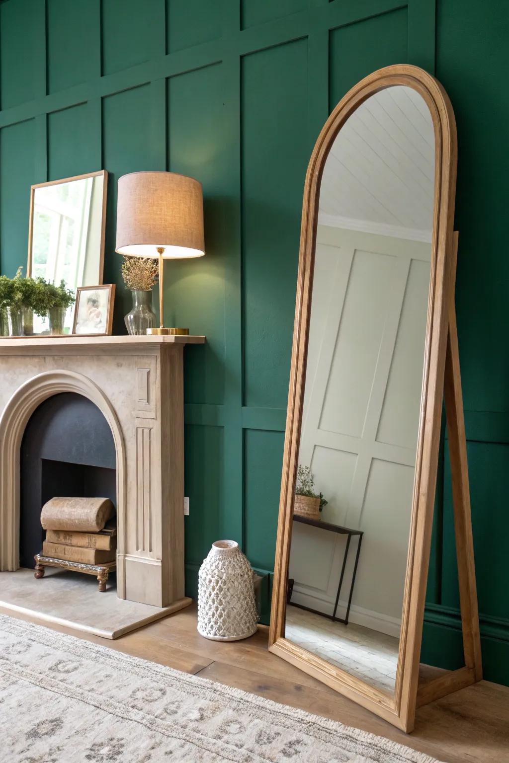Lean a tall mantel mirror close to the ledge—reflect a lamp to lift a small living room.