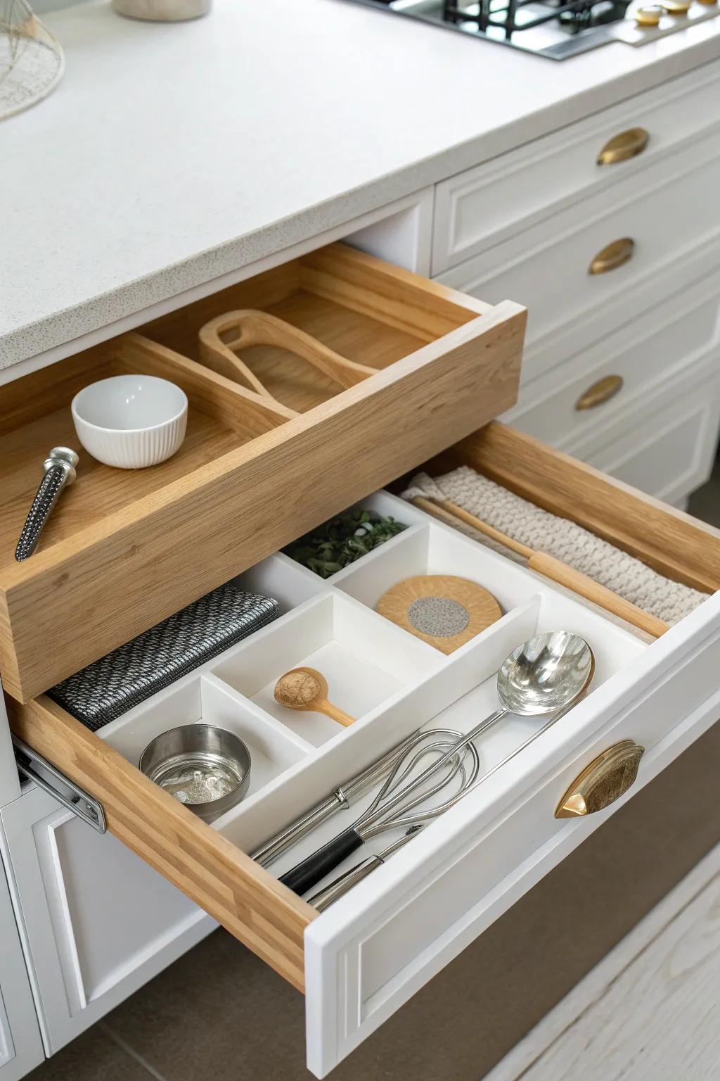 Two-level sliding top tray: small tools on top, bulky essentials below—beautifully visible.