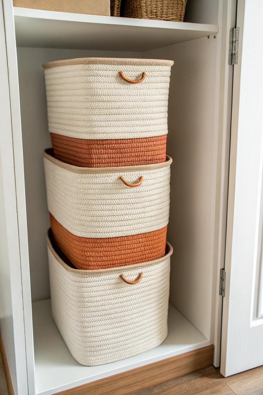 Stackable bins turn deep linen closets into vertical storage—no wasted air space.