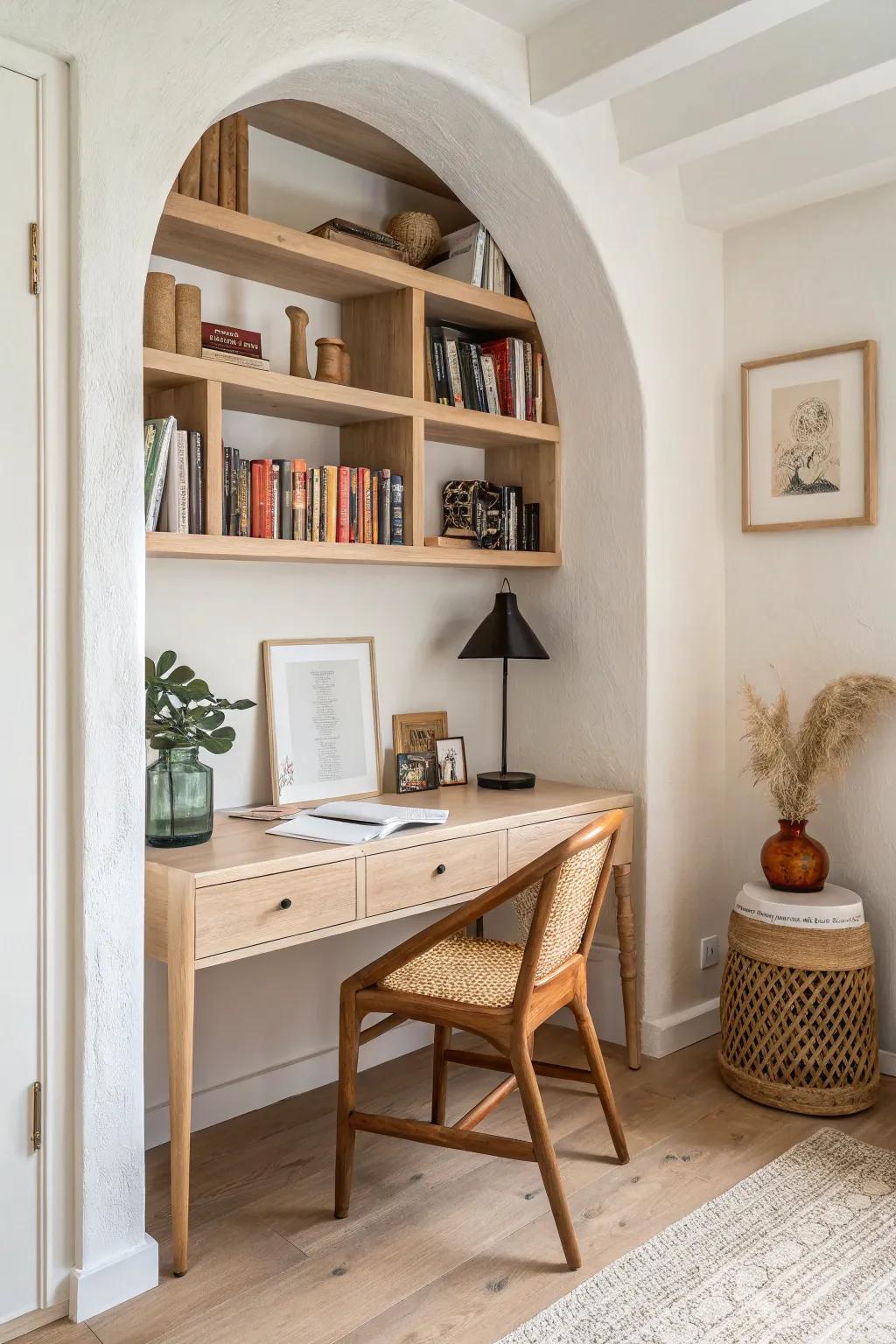 A built-in bookshelf nook turns a slim desk into seamless living room storage + style.