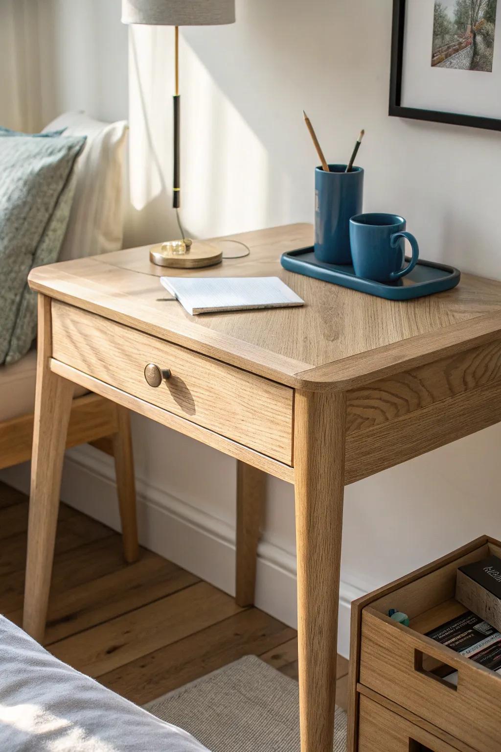 A space-saving corner desk tucked beside the bed—minimal, warm wood, and beautifully bold.
