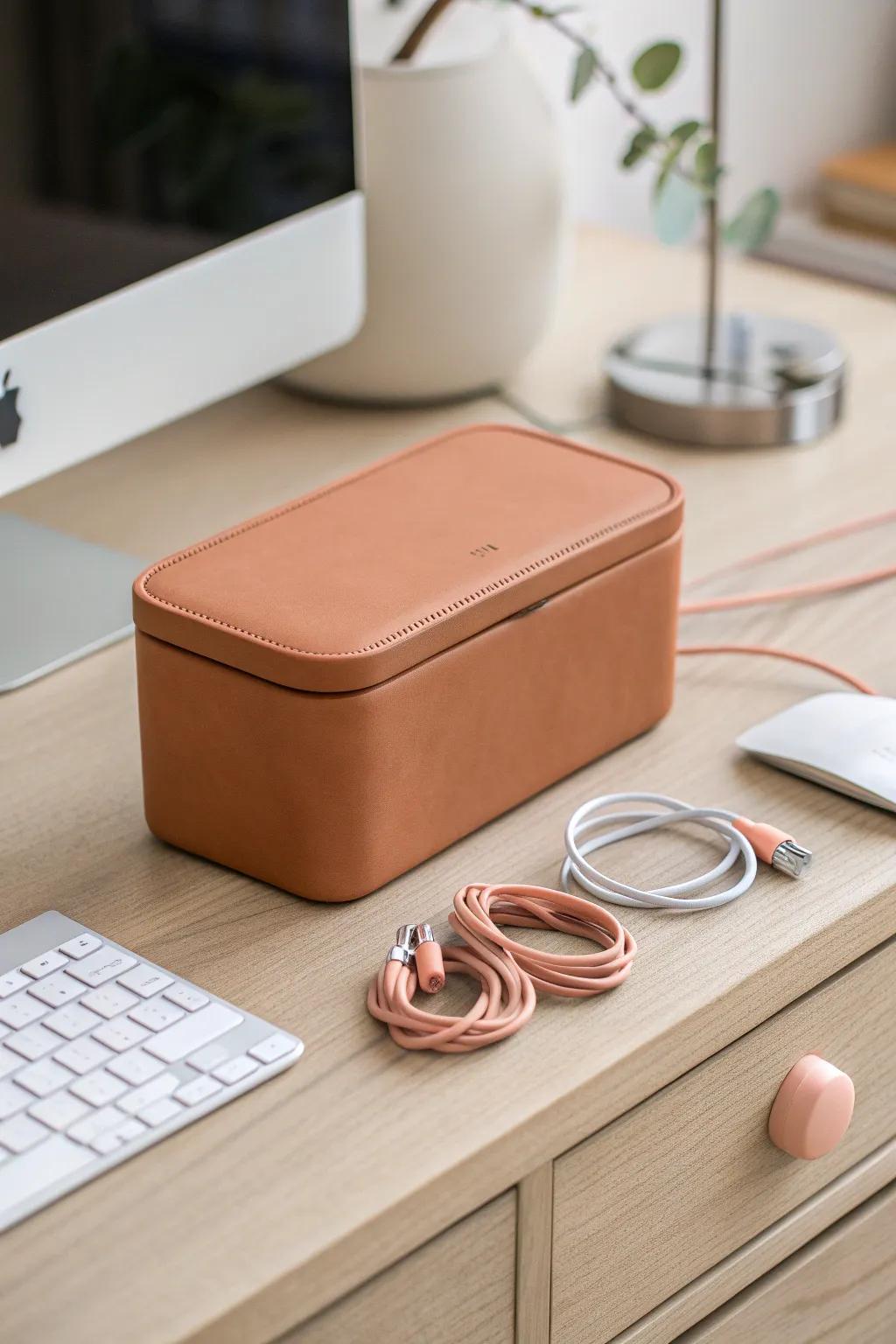 A terracotta cord box + discreet clips instantly makes your desk look calm and curated.