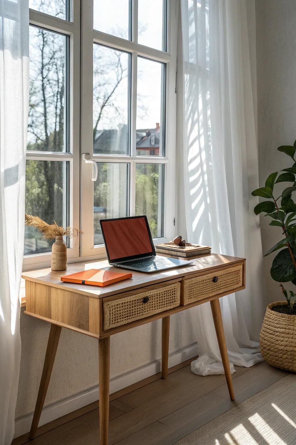 Face the window: a petite birch desk in soft daylight, laptop angled to beat glare.