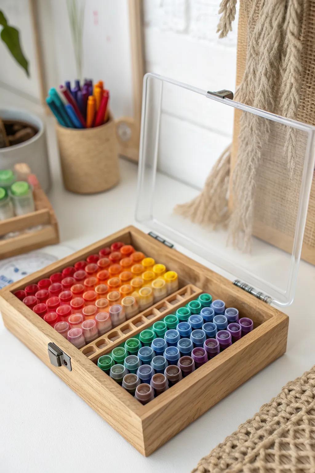 Rainbow-sorted drill organizer: a space-saving gradient setup that’s faster to use and so satisfying.