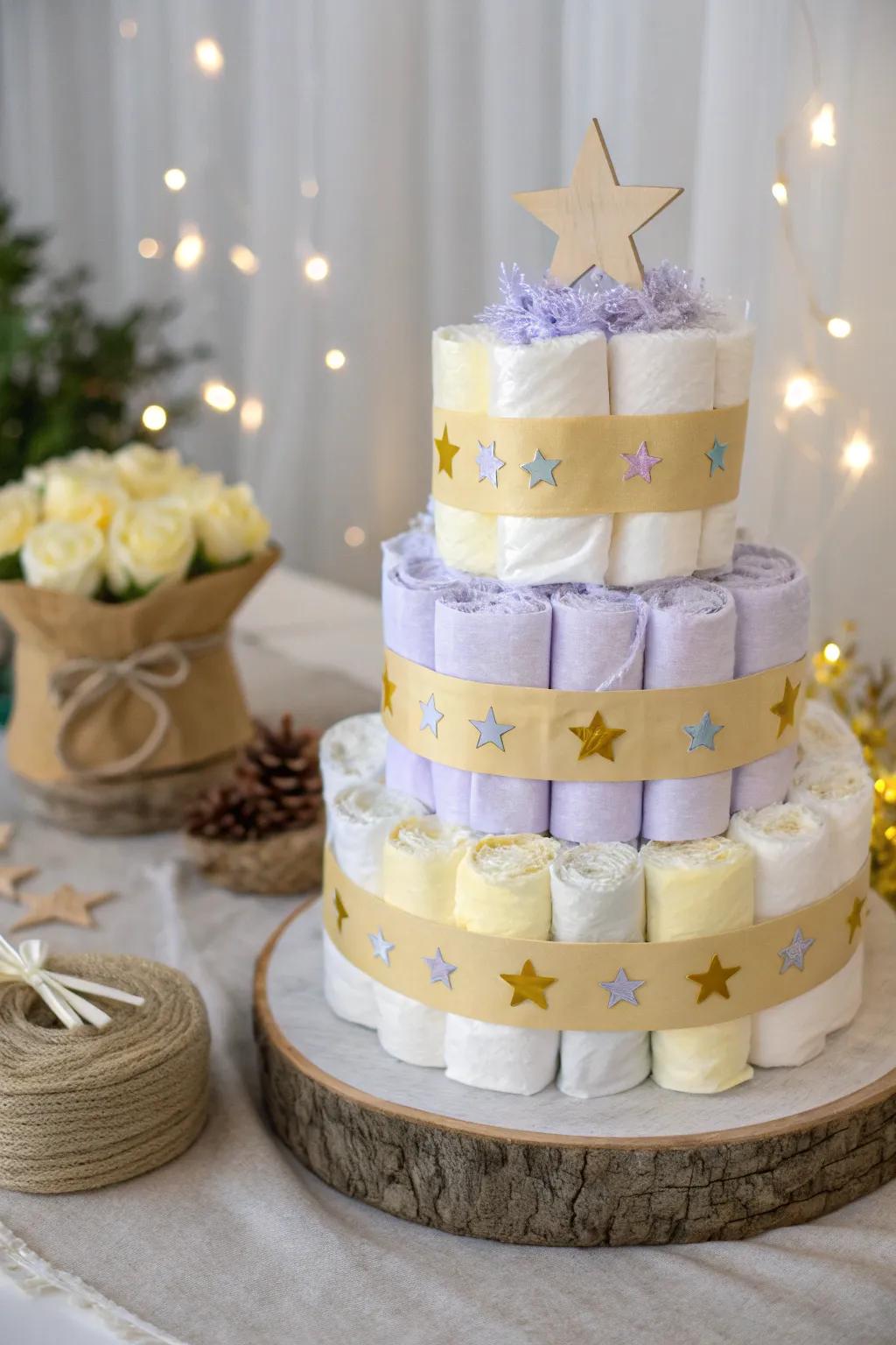 Twinkle Twinkle Little Stars: A dreamy diaper cake for twins, where celestial charm meets minimalist elegance.