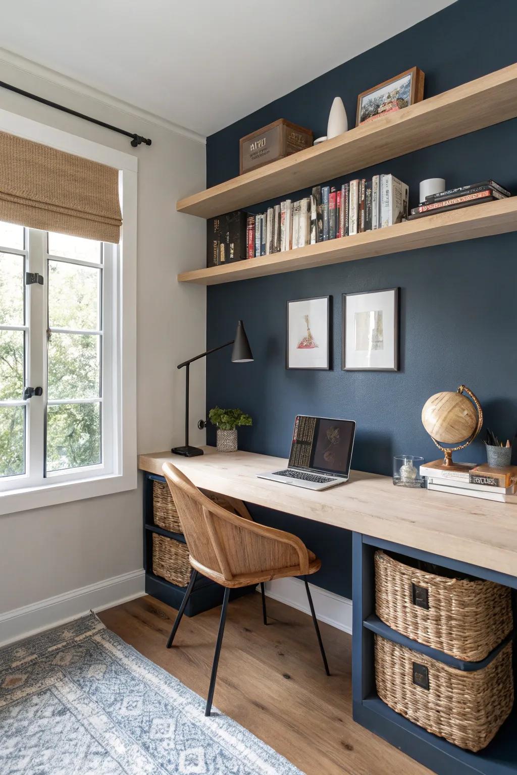 Turn your dining room into a wall-to-wall office nook with shelves—custom look, small budget.