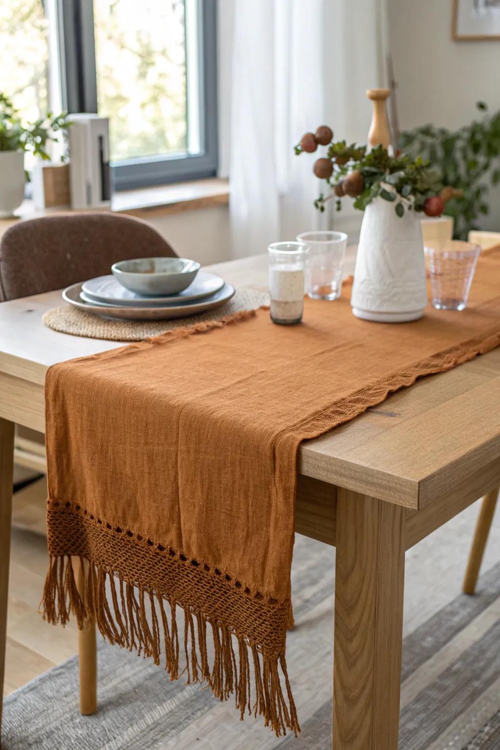 A simple runner creates a “center strip” that keeps the dining table clear and calm.