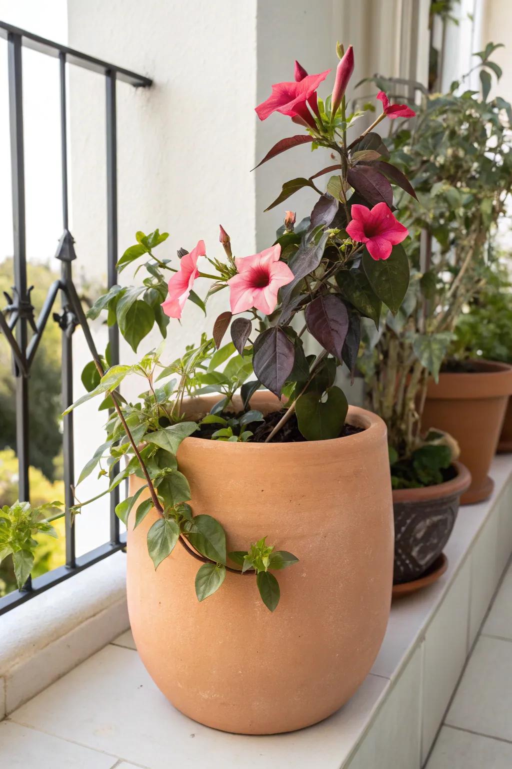 Pink dipladenia + trailing sweet potato vine—lush, low‑fuss balcony planter for small spaces.