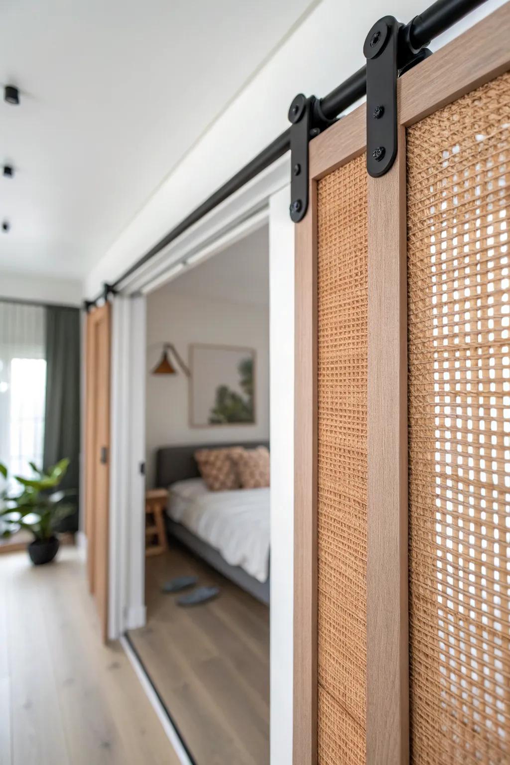 Terracotta sliding panel on a slim black track—clean split-bedroom zoning with zero floor loss.