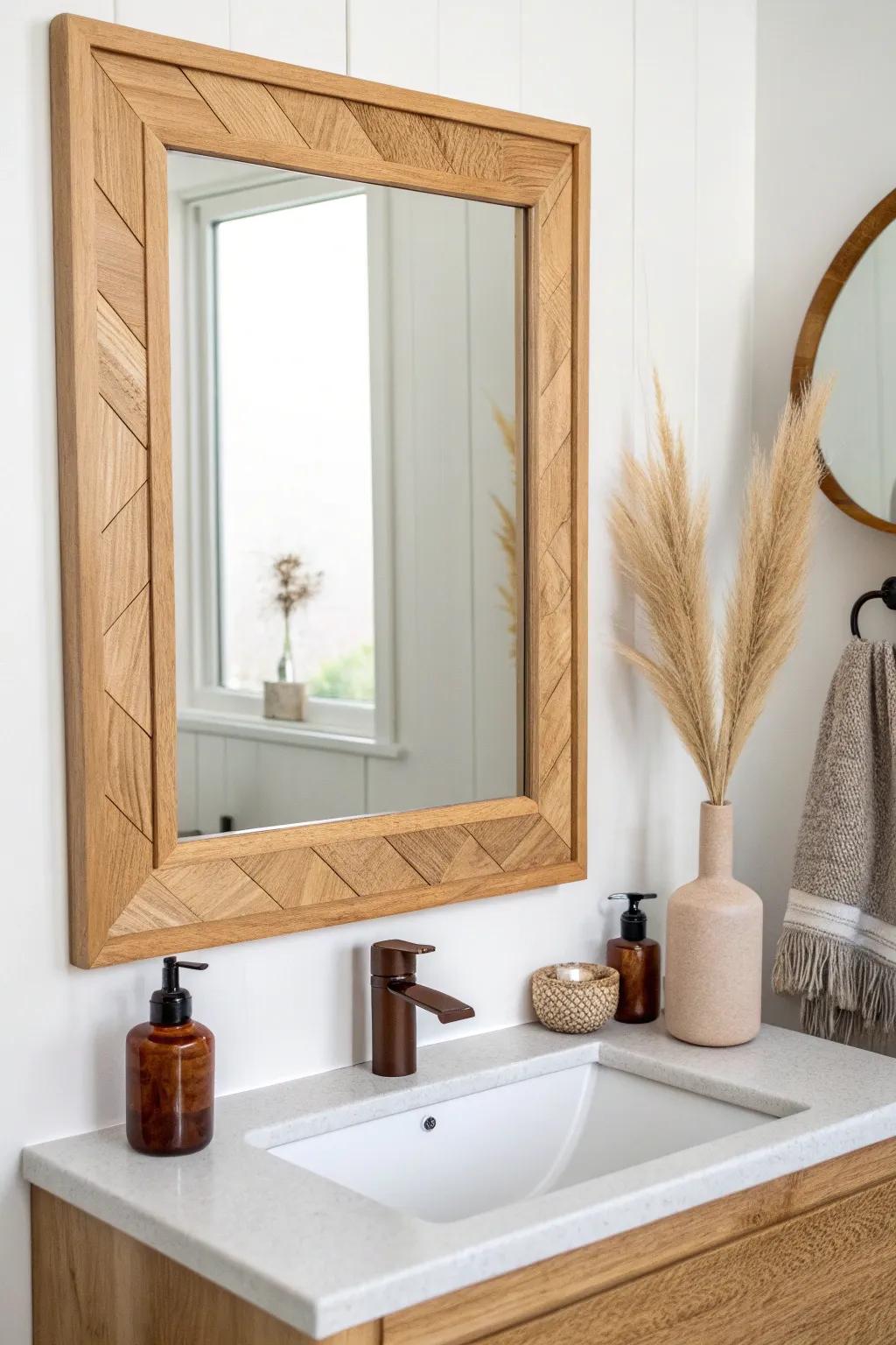 Budget DIY mirror frame upgrade—simple trim turns a plain bathroom mirror into a styled focal point.