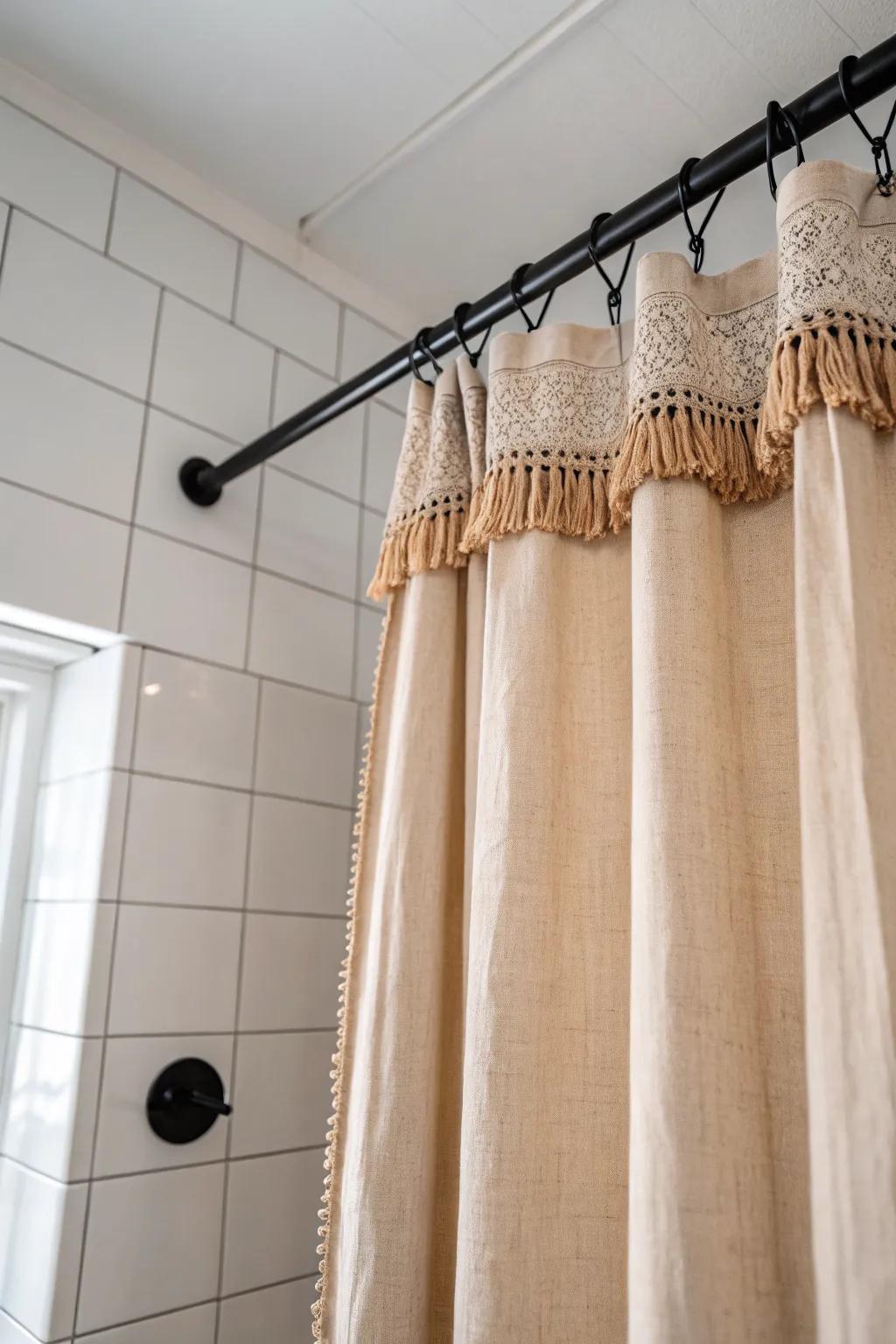 Hang the rod higher: an extra-tall linen shower curtain makes a small bathroom feel instantly luxe.