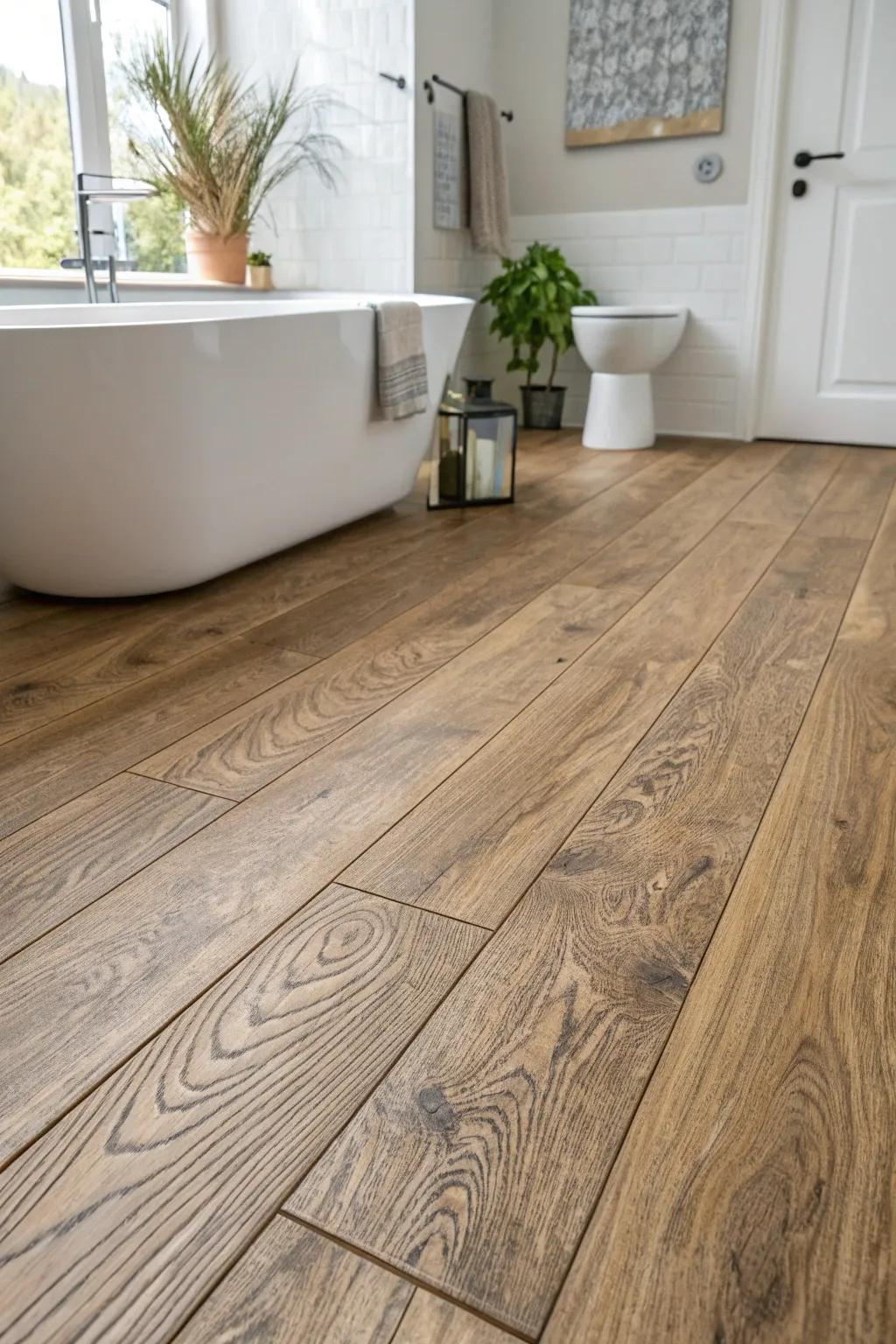 Transform your bathroom with the natural beauty and durability of waterproof laminate flooring.