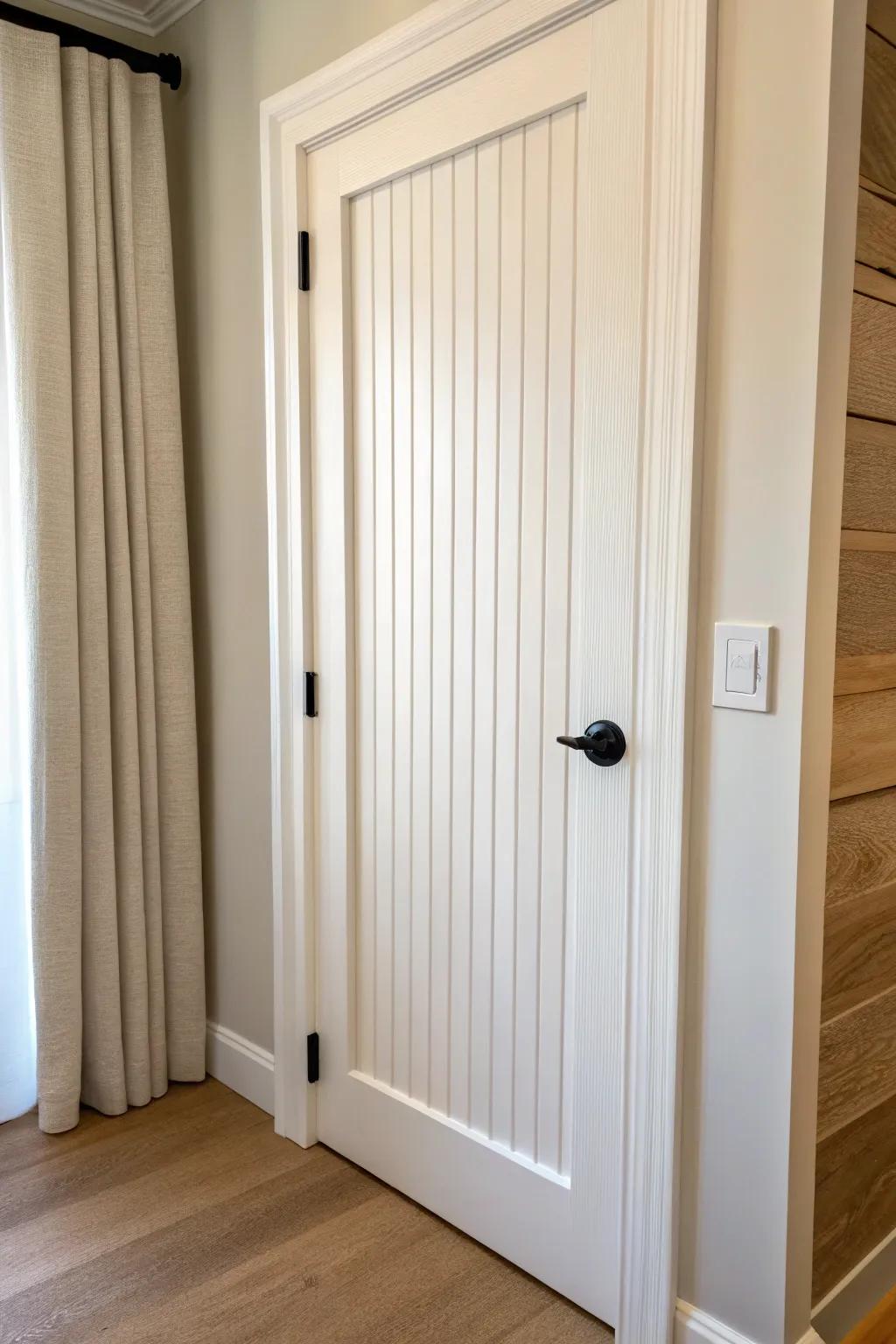 Beadboard overlay turns a plain closet door into cozy texture—seamless, calm, and chic.