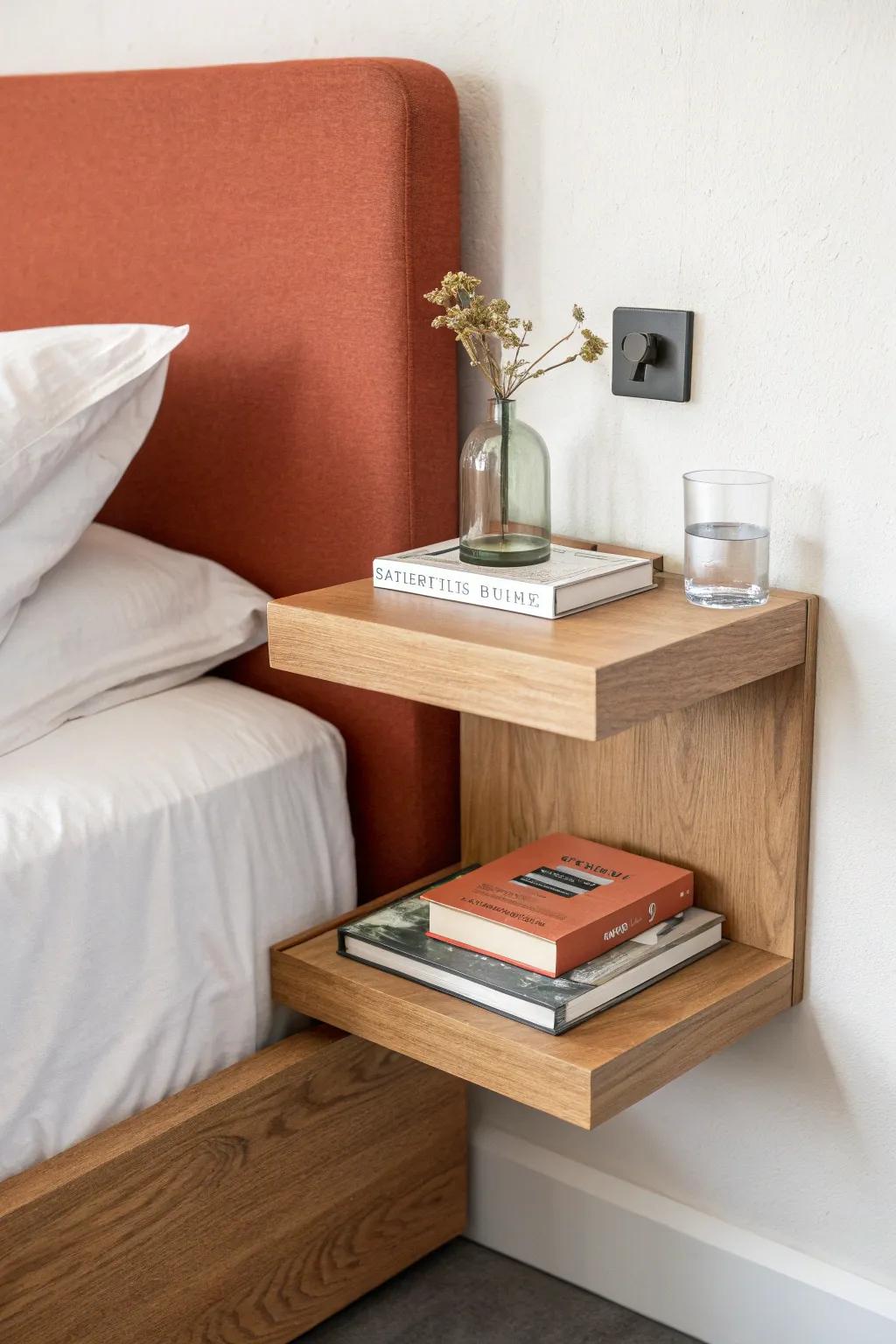 Slim floating shelf turns a corner bed into an airy, stylish nightstand—no floor space needed.
