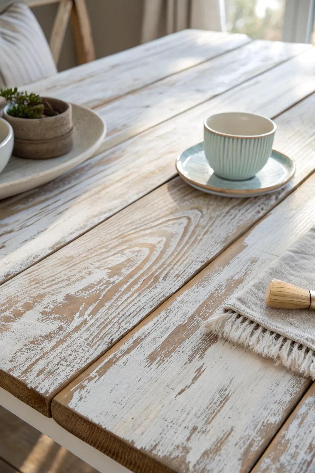 Soft whitewash keeps the grain—an airy, sun-faded tabletop look that forgives blemishes.