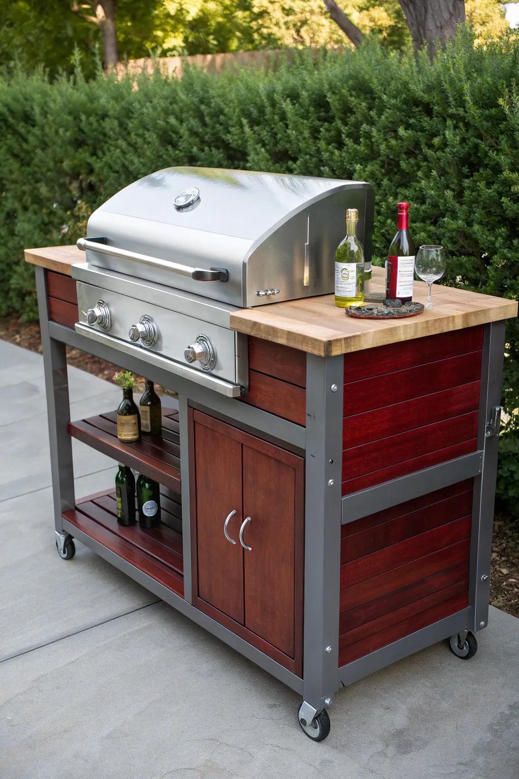 Elevate your outdoor cooking with this sleek steel and wood grill cart—where modern design meets craftsmanship!