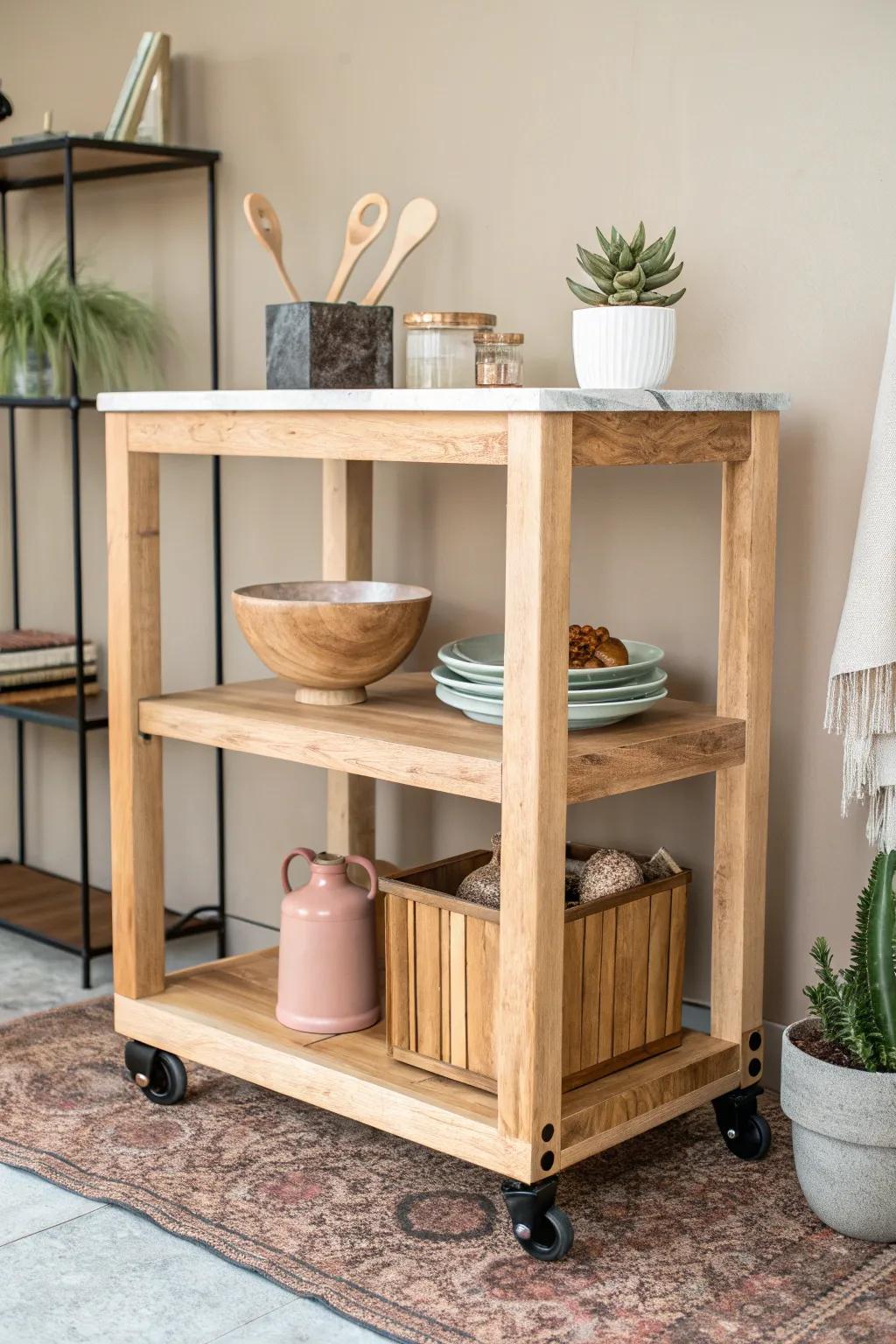 Transform your old bookshelf into a chic kitchen cart – a perfect blend of Scandinavian simplicity and Boho charm!
