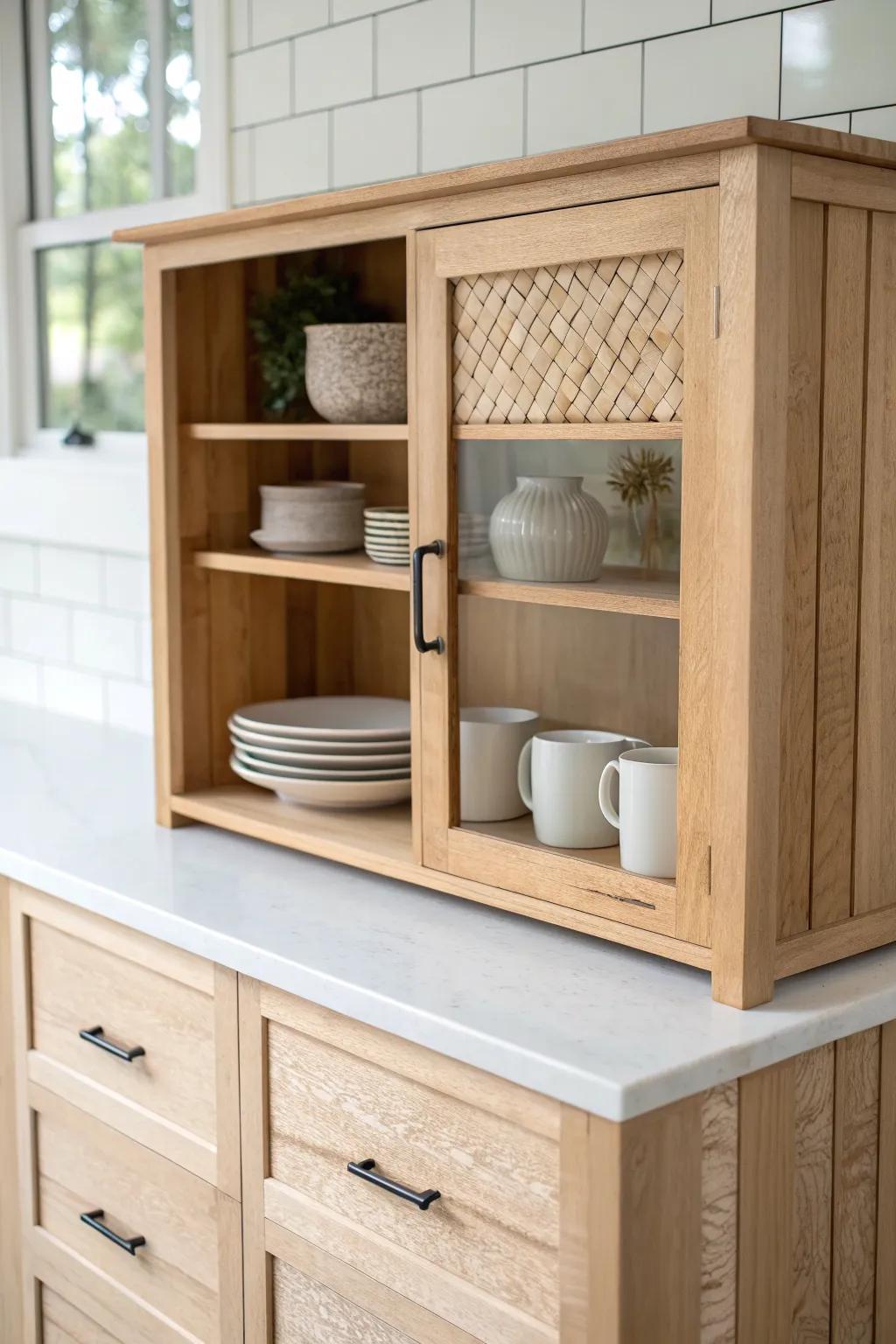 DIY countertop hutch: vertical storage for mugs and plates without losing precious prep space.