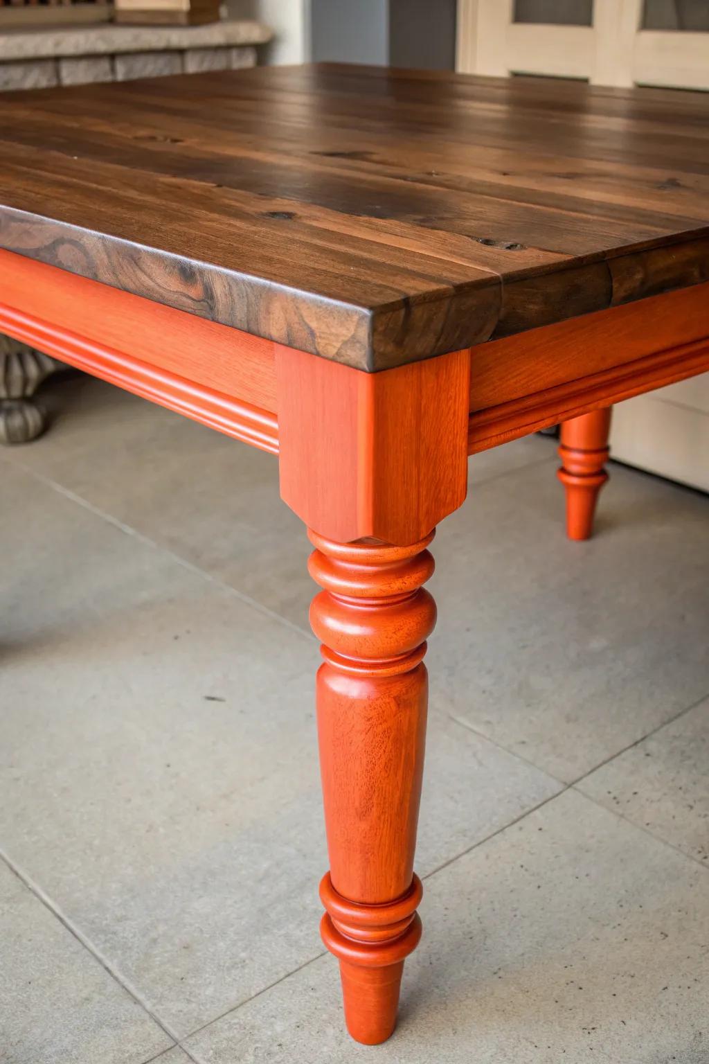 Transform your kitchen with a bold splash of color: vibrant orange legs breathe new life into this handcrafted table.