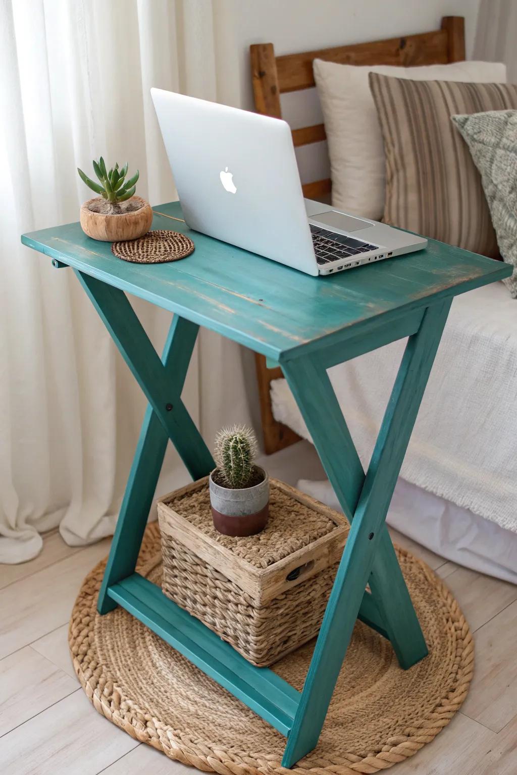 Transform an old side table into a chic and functional laptop stand with a splash of bold color and minimalist elegance.