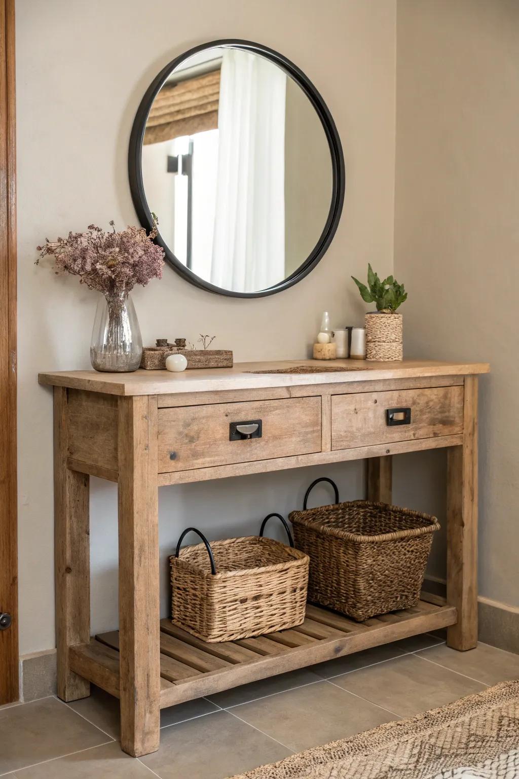 Embrace natural beauty with a rustic wood vanity, where simplicity meets elegance. #DIYMakeupVanity #ScandinavianMinimalism