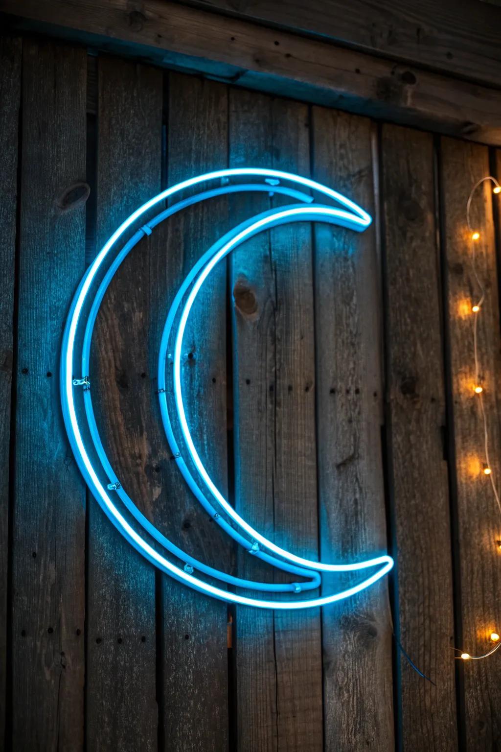 Illuminate your space with a handcrafted blue neon crescent moon, the perfect night light for a serene bedroom ambiance.