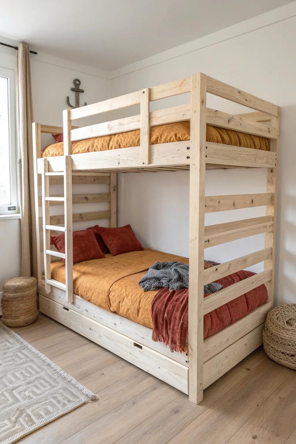 Space-saving pallet bunk bed: minimalist wood + bold bedding for a cozy shared kids room.