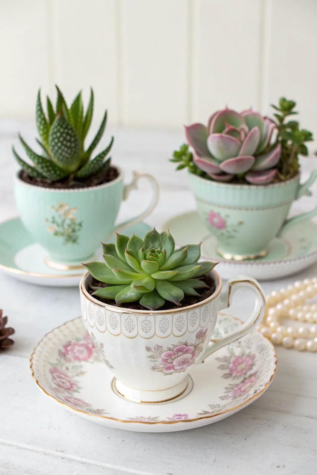 Breathe new life into vintage tea cups with succulents—where elegance meets nature in a minimalist dream.
