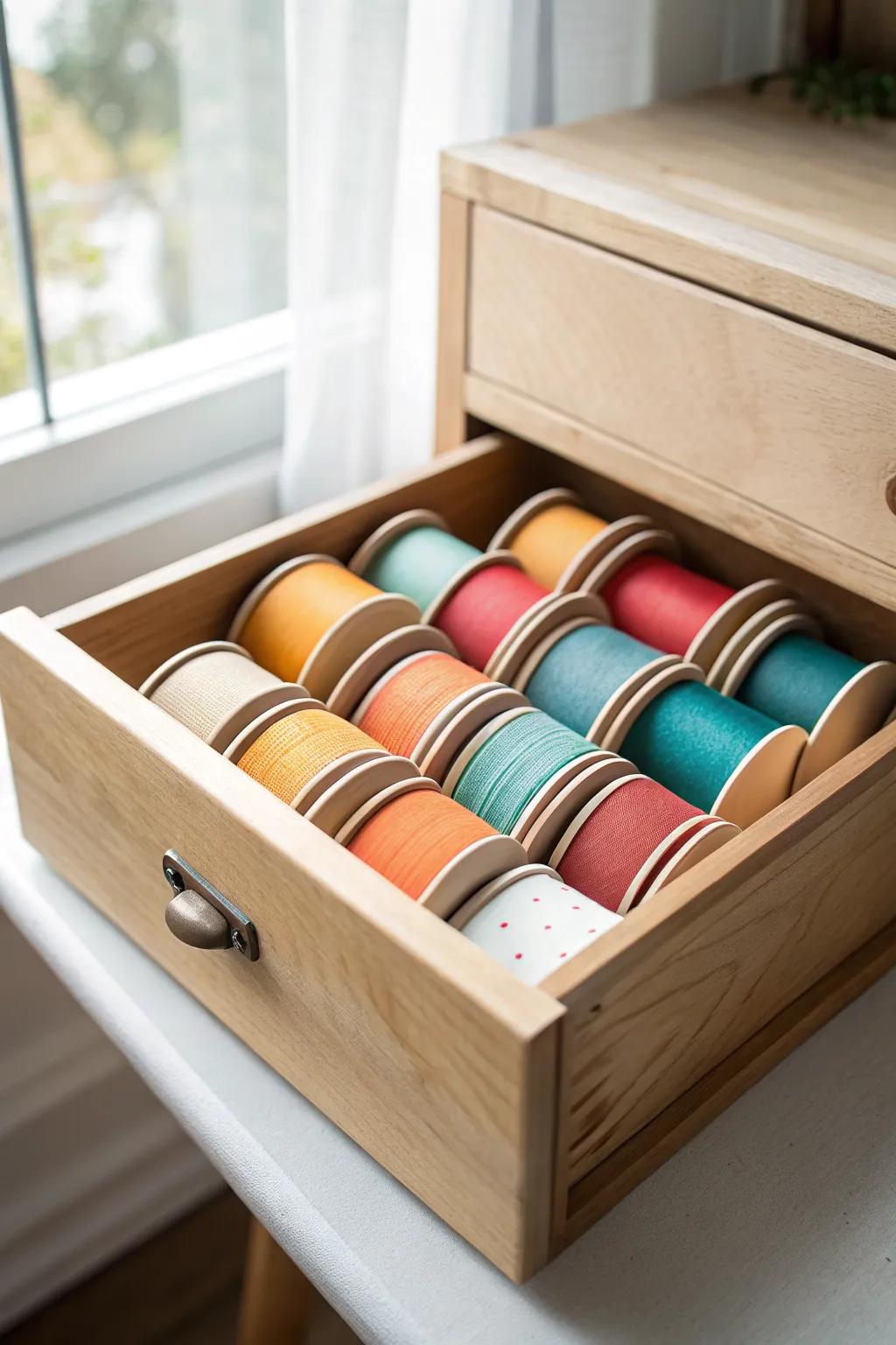 Index-card bobbin filing turns a shallow drawer into tidy, colorful ribbon storage.