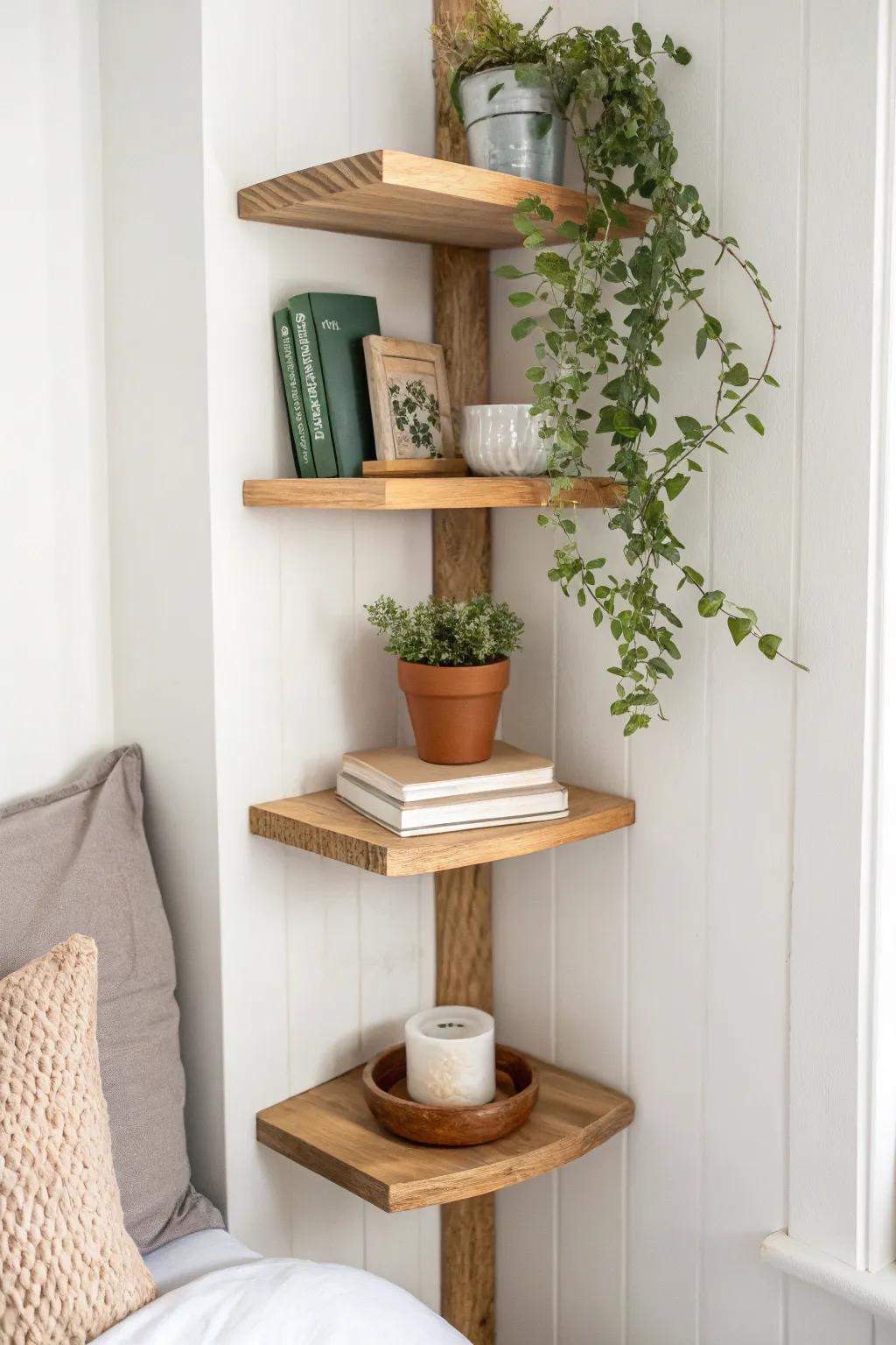 DIY corner floating shelves—three tiers that turn dead space into chic bedside storage.