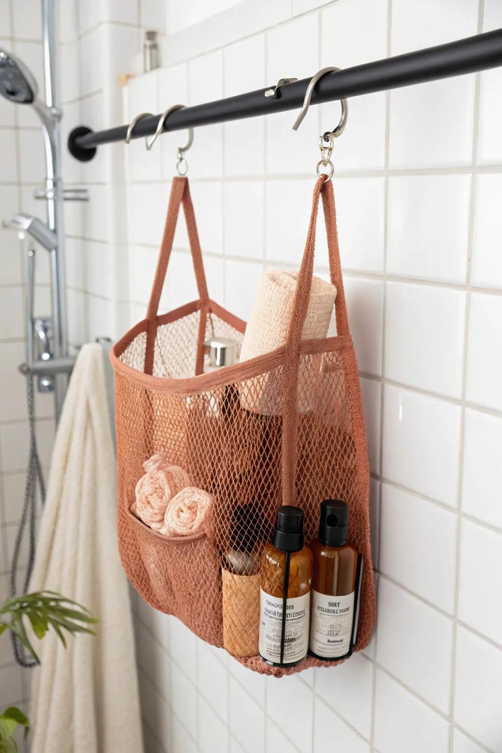 Hanging mesh pocket shower caddy: keeps razors, scrunchies & mini bottles visible and tidy.