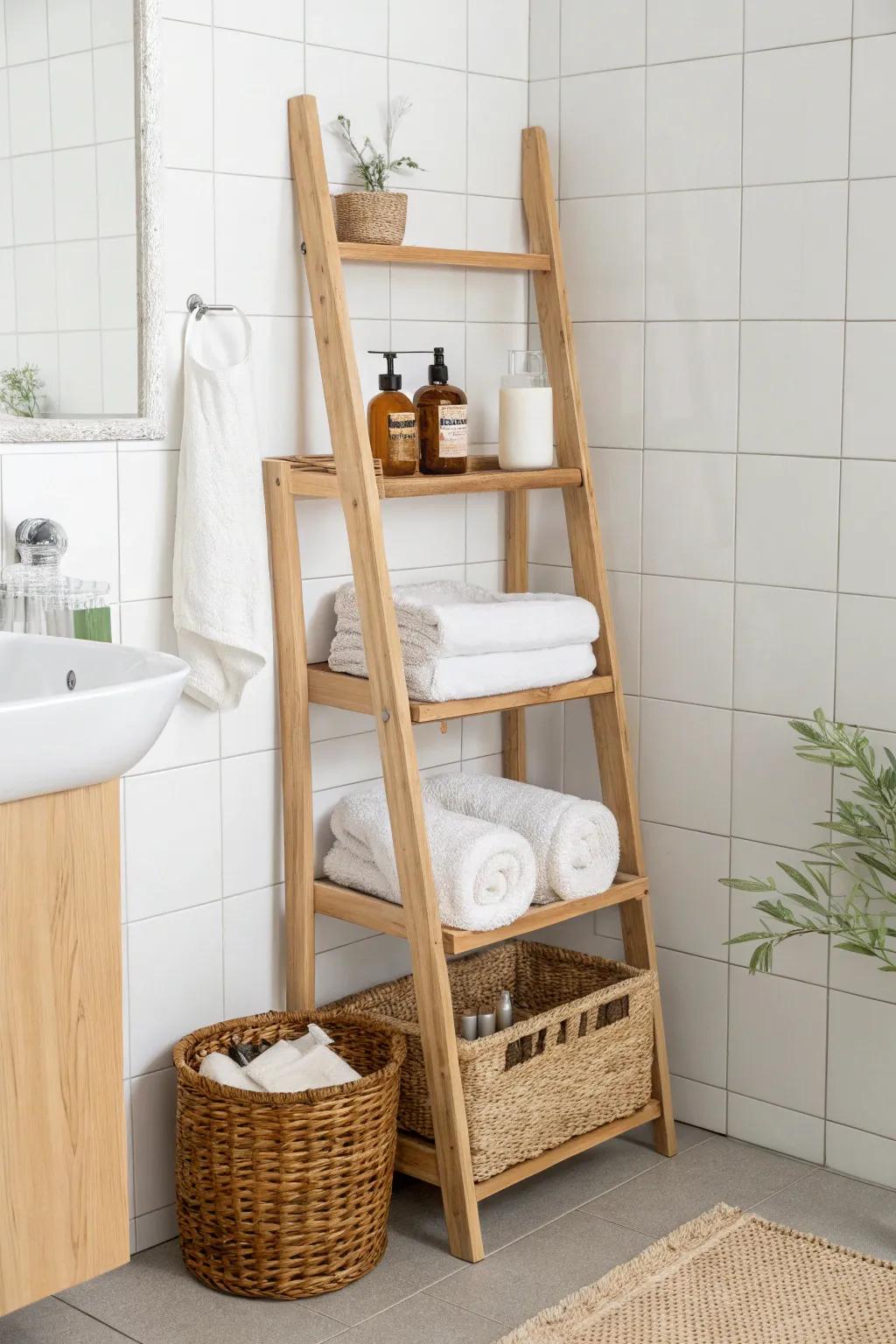 No-drill ladder shelf: instant over-the-toilet storage that looks airy, chic, and rental-safe.