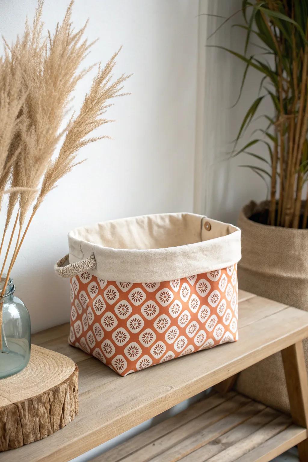 Flip this reversible fabric bin from neutral linen to bold print for instant small-space style.