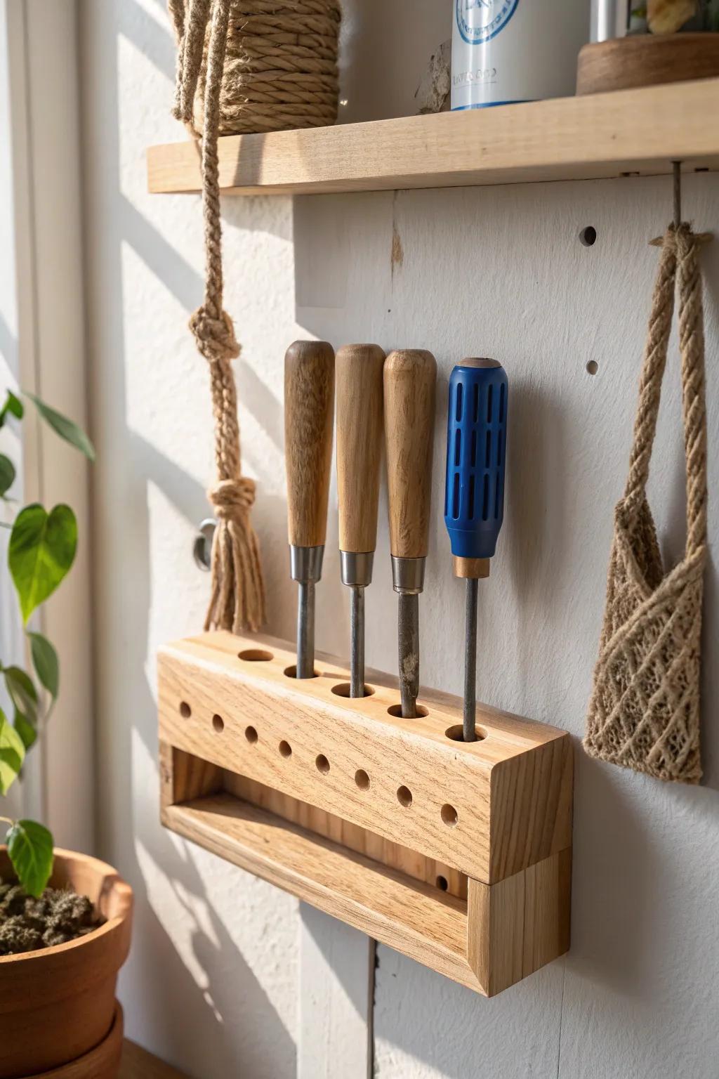 DIY wall-mounted tool block: calm, minimalist storage that makes missing tools obvious.