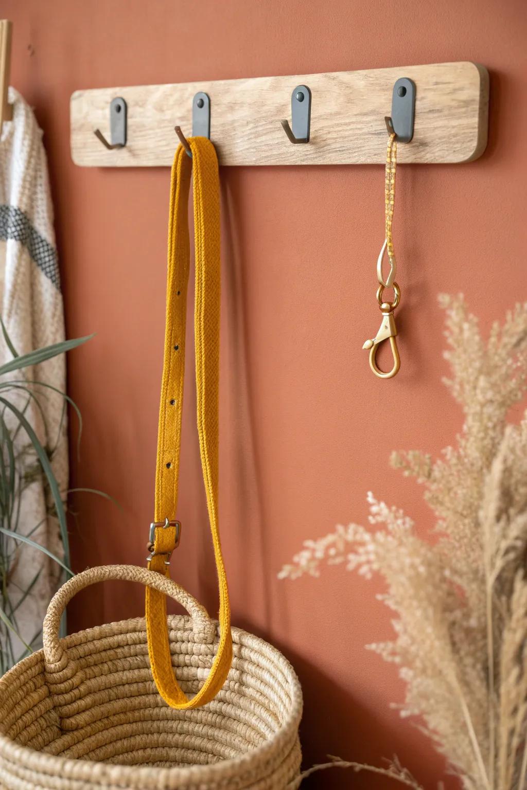 A sleek oak peg rail with a statement leash—basket below keeps every walk essential together.