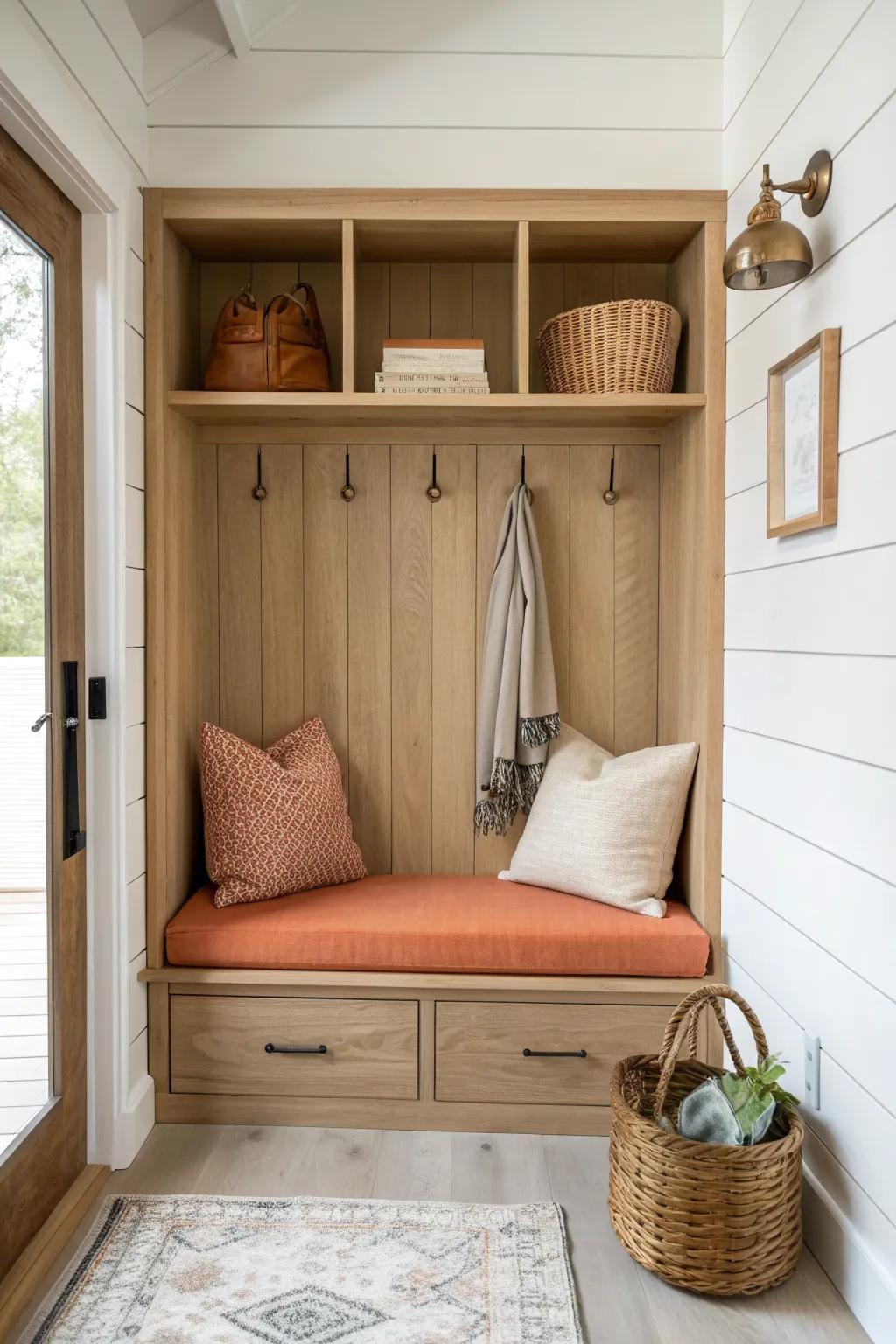 A calm mudroom drop-zone dog nook: oak cubby, brass hooks, and a woven toy basket.