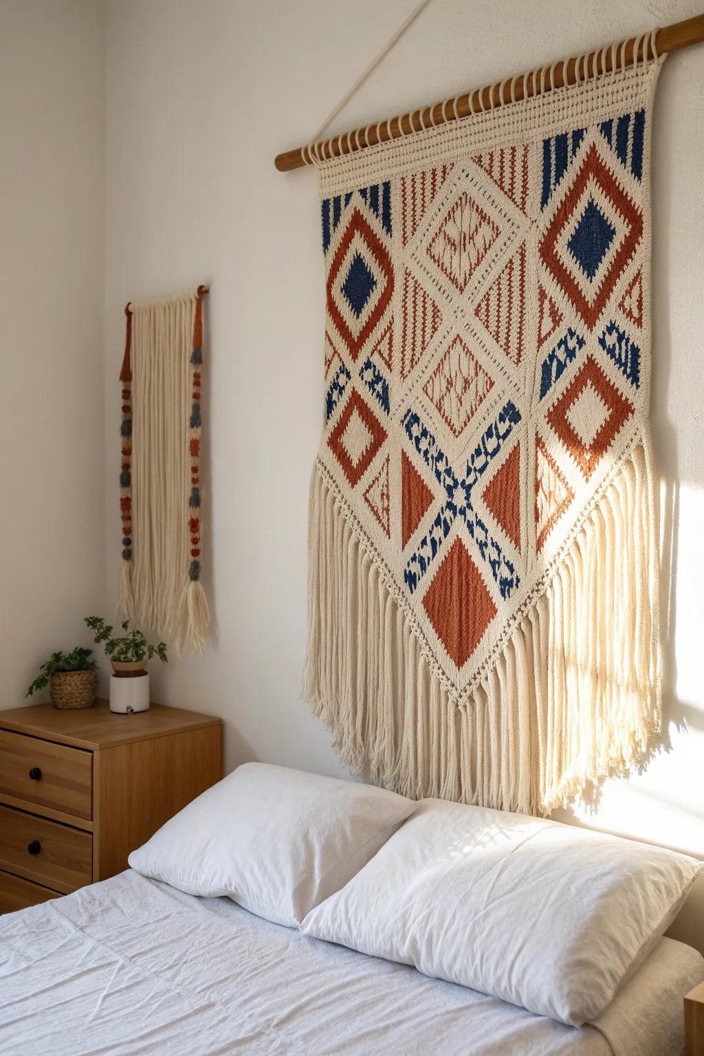 Turn your bed wall into a headboard moment with a bold woven hanging for instant coziness.