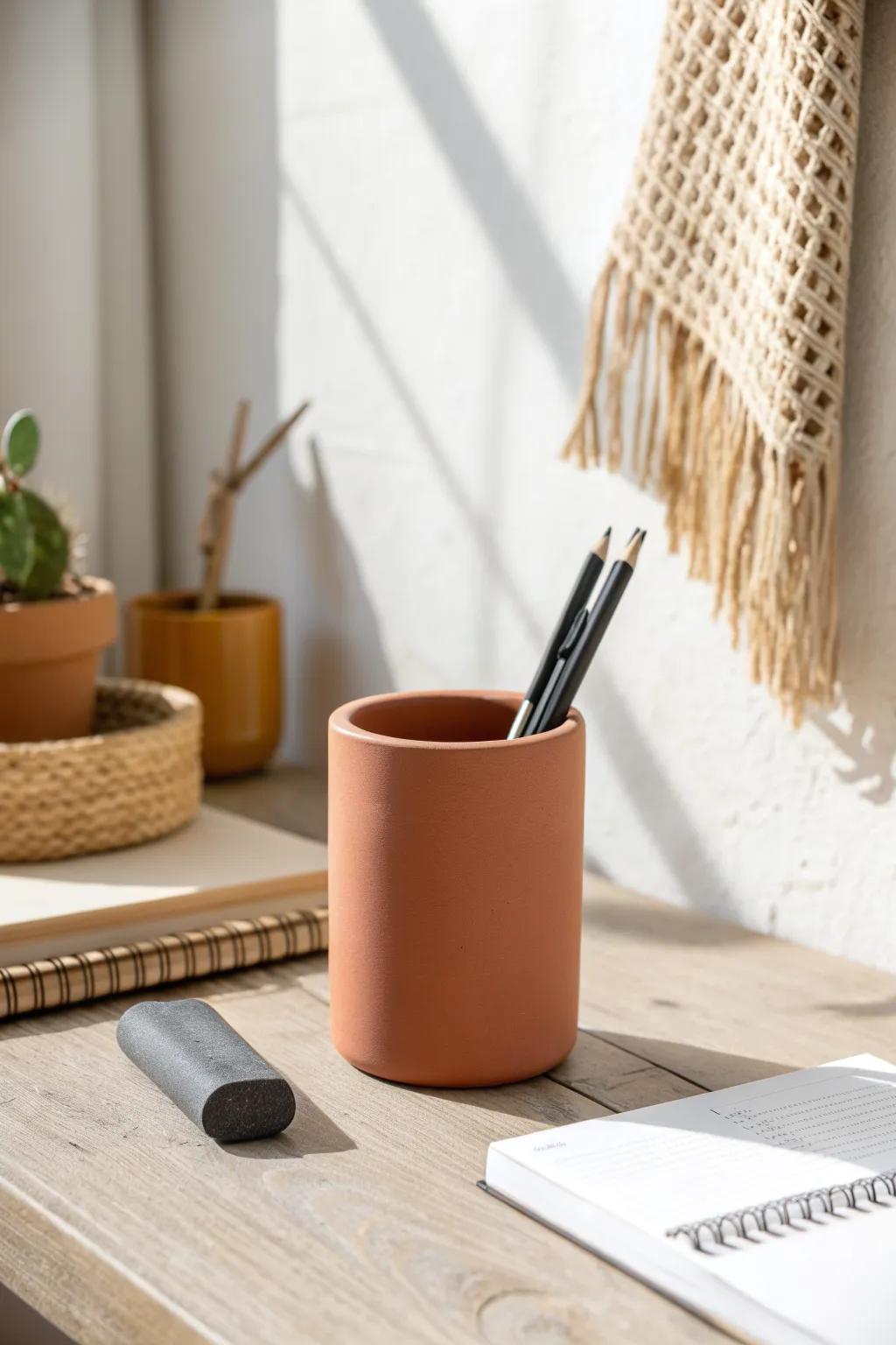 One pen cup and plenty of breathing room—minimal dorm desk styling that instantly feels calmer.