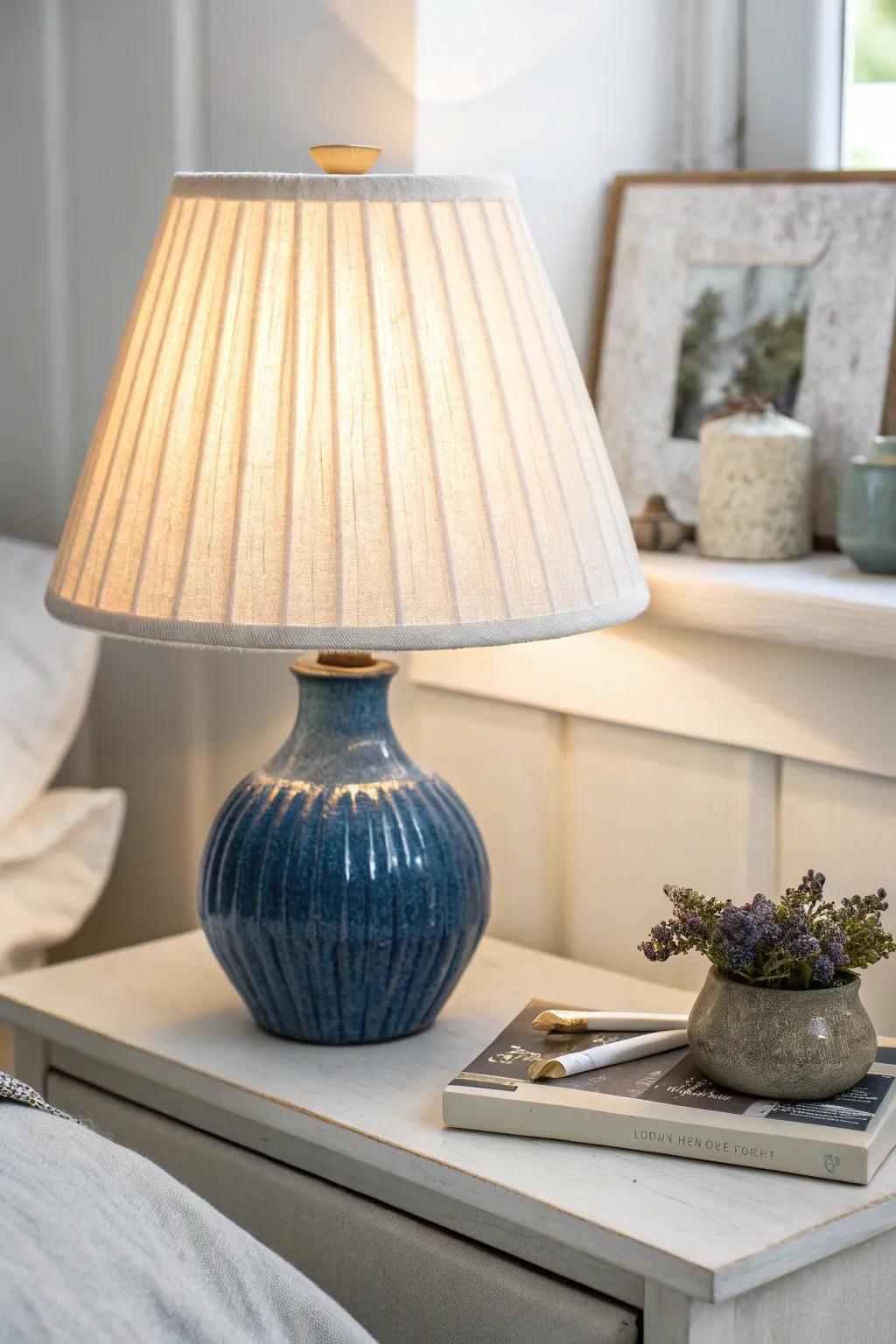 A linen-shade bedside lamp turns a tiny dorm corner into a warm, cozy nighttime retreat.