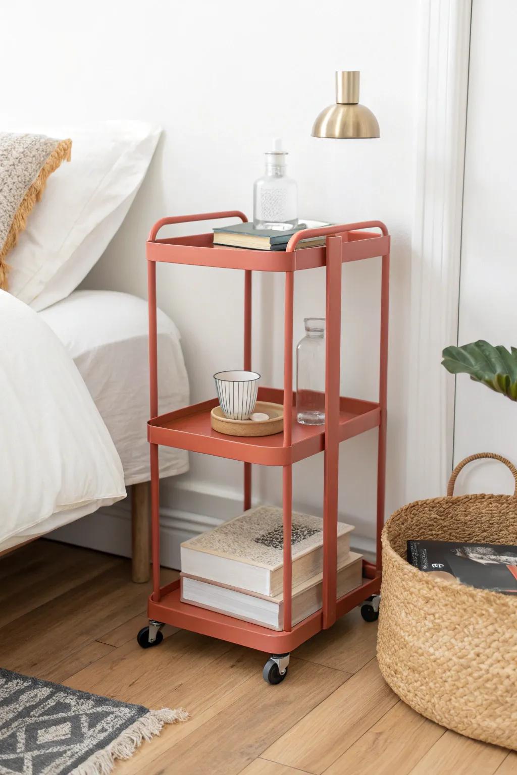 A rolling cart nightstand: chic, movable bedside storage that fits even the tiniest dorm.