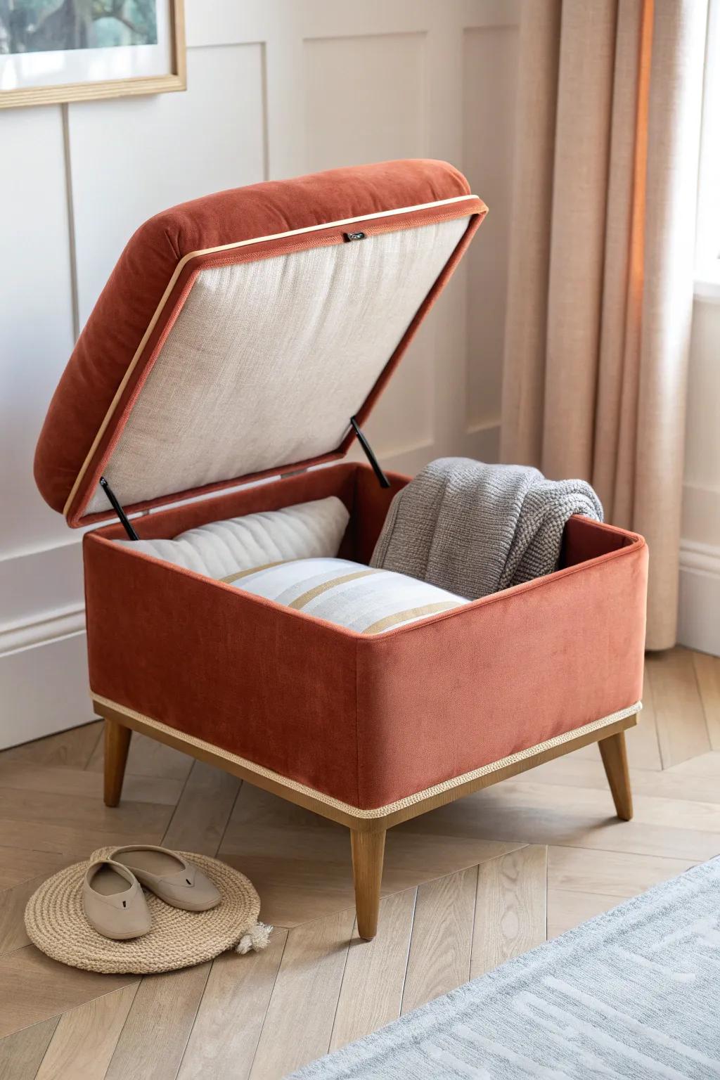 A bold terracotta storage ottoman: extra seat, cozy footrest, and hidden stash in one.