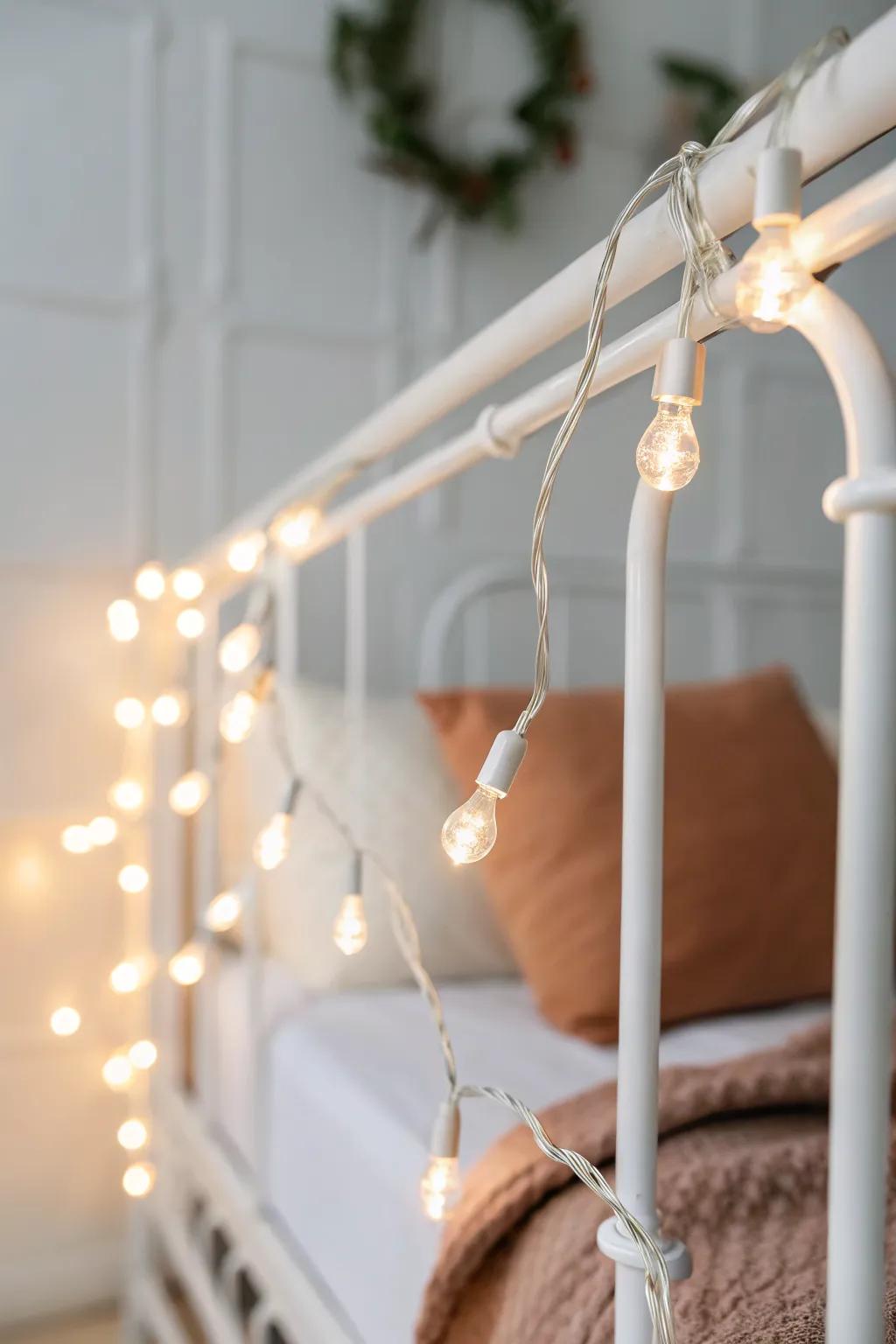 Warm string lights turn a girl dorm bed corner into a cozy, studio‑like glow—no overhead needed.