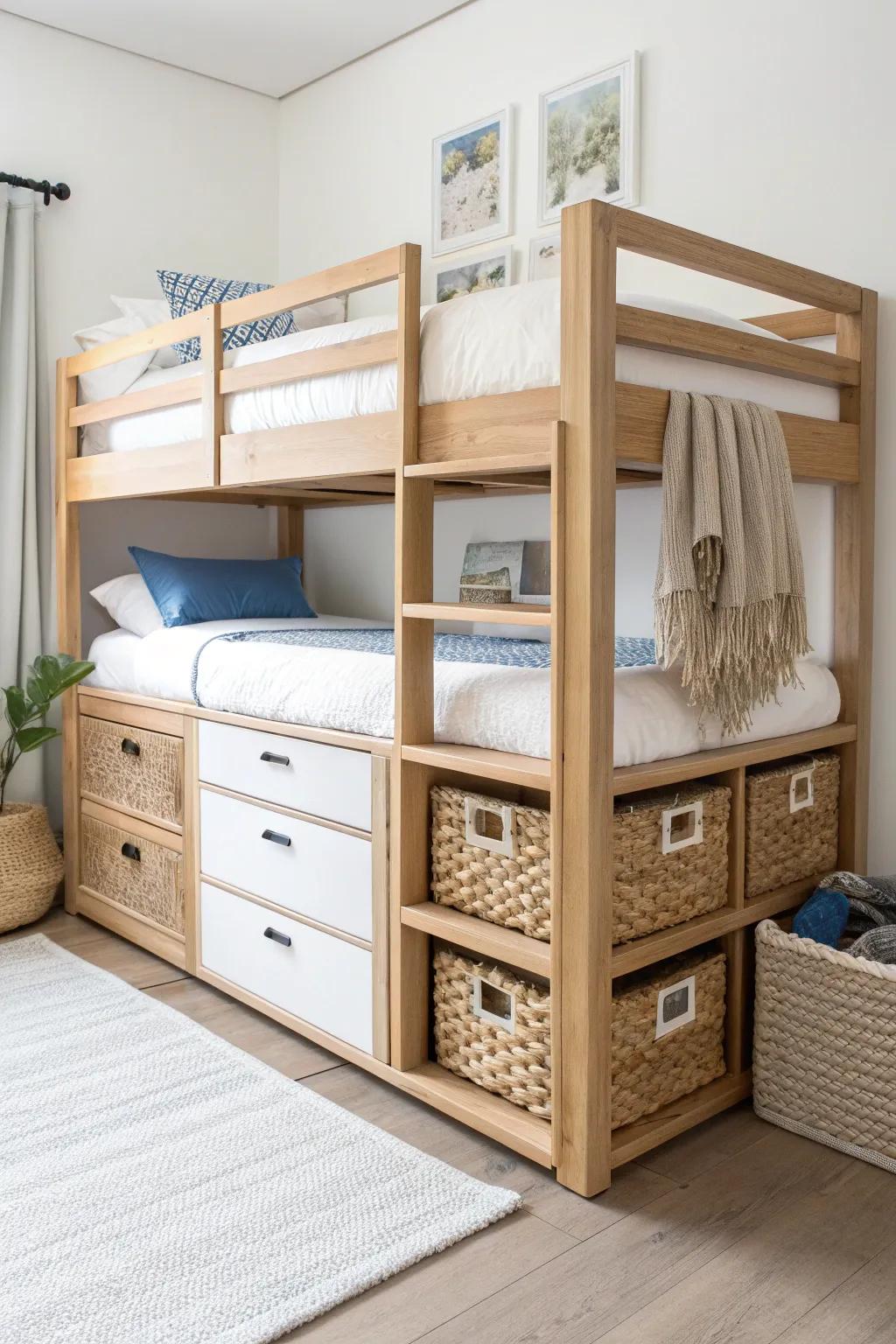 Loft your bed to reveal a hidden closet—beautiful bins and baskets make storage look styled.