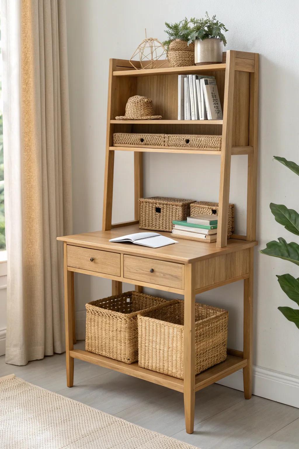 DIY desk hutch look-alike: stack risers for vertical storage and a cleaner dorm workspace.