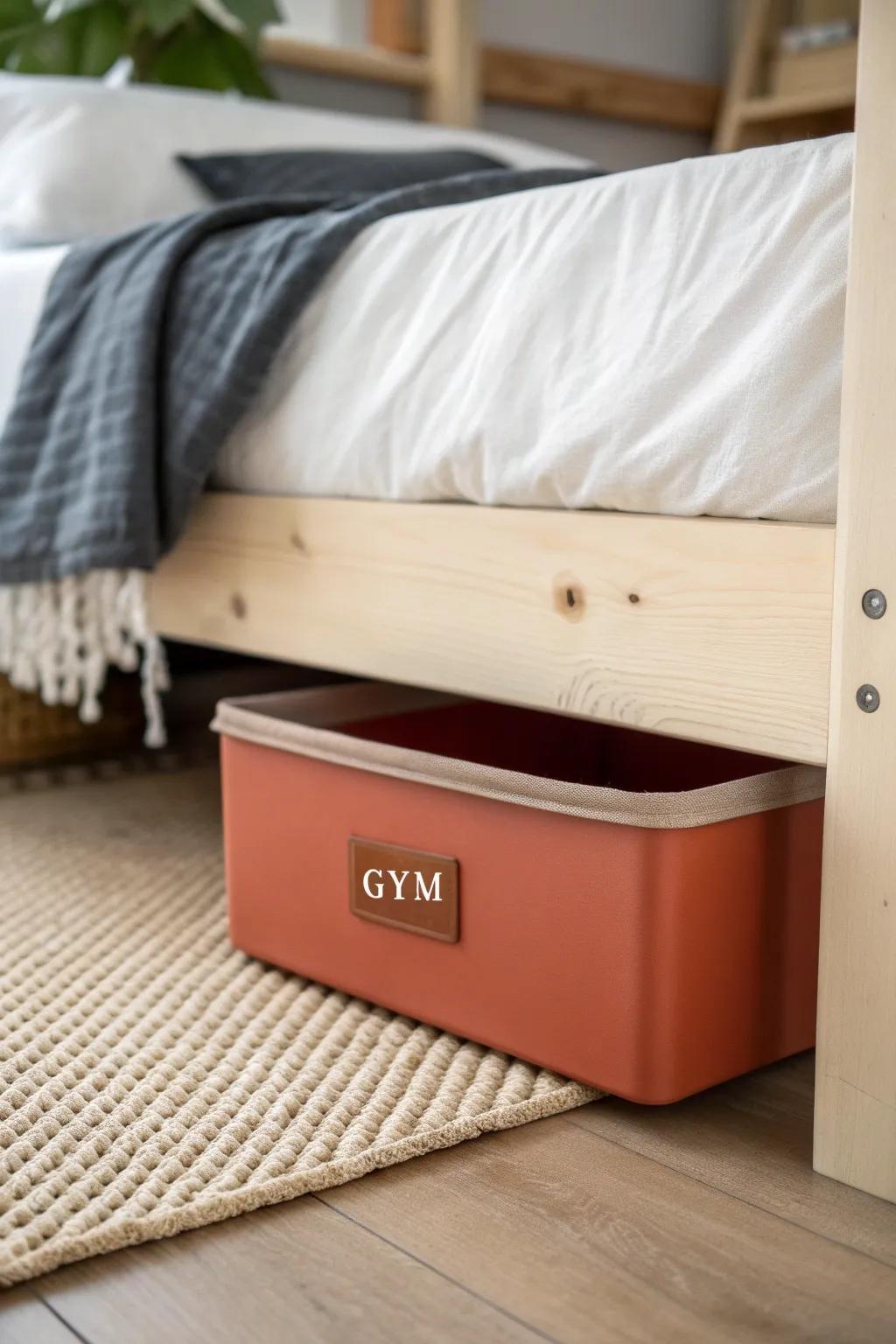 Slide-in lidded under-bed bin: labeled ends make grabbing gym gear fast and fuss-free.