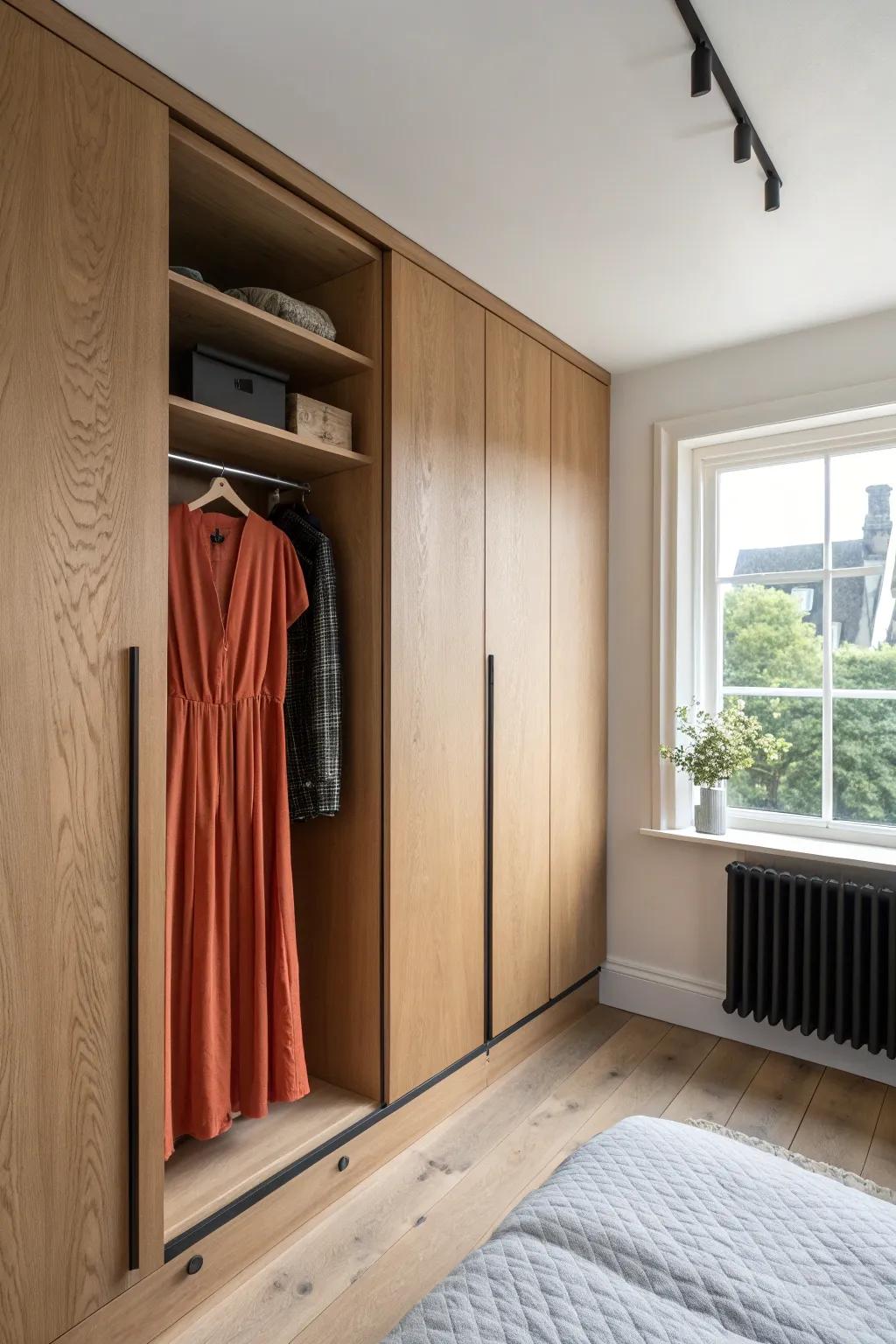 Use one closet side for long-hang—dresses and coats stay smooth, hems never crumple.