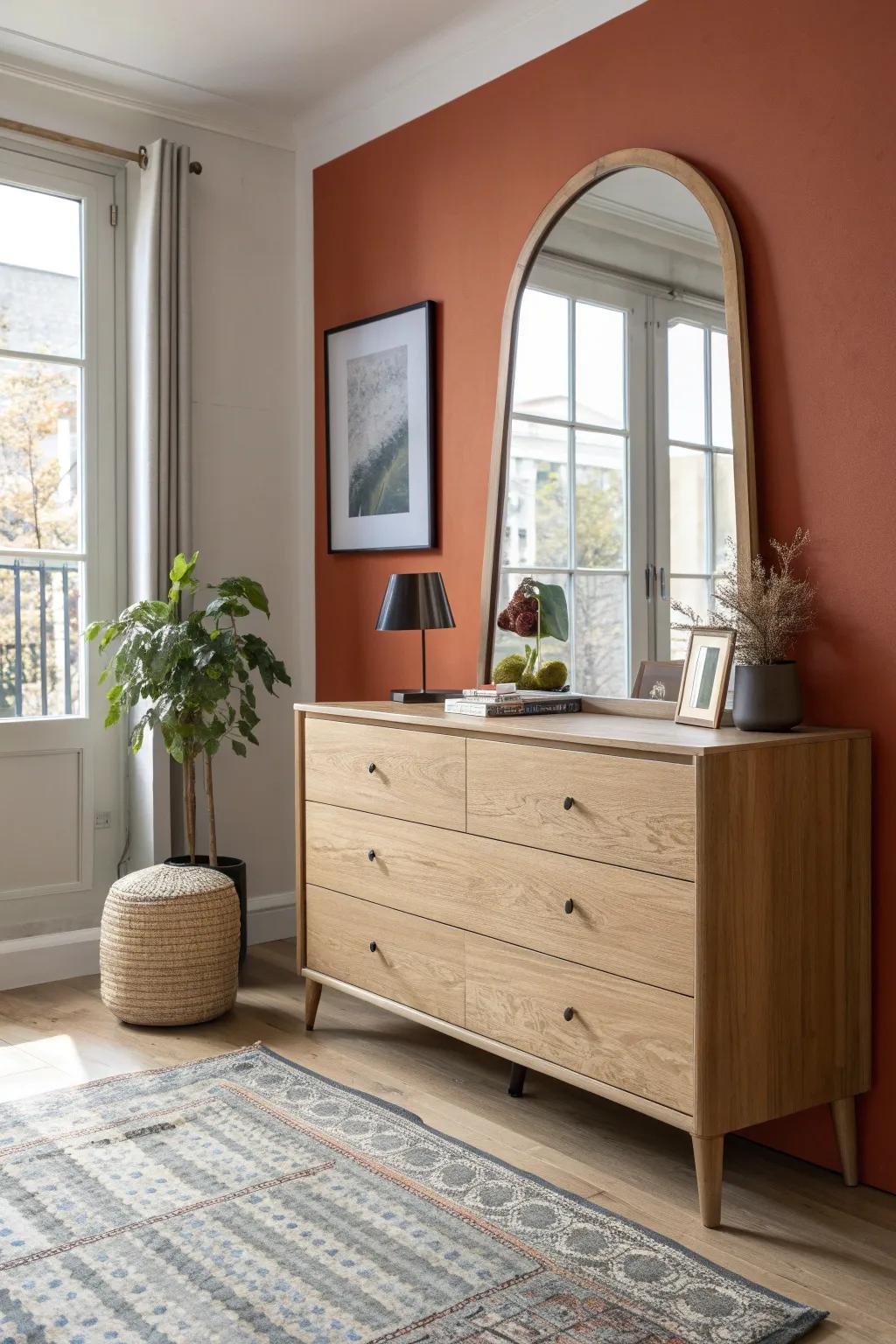 Lean an oversized mirror on a living-room dresser to bounce light and make low ceilings feel taller.