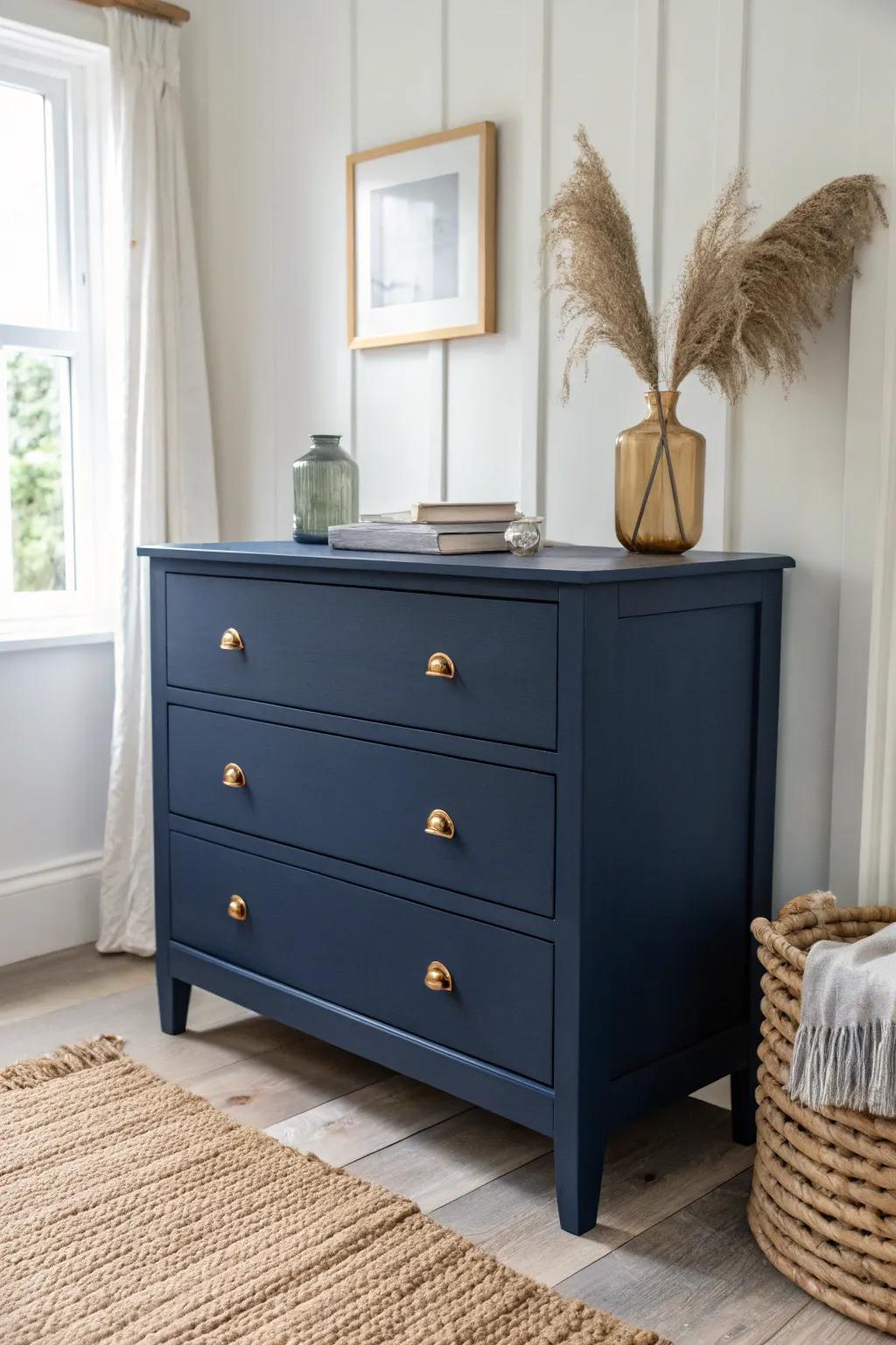 Deep navy satin dresser: a small-space anchor that instantly makes decor feel cohesive.