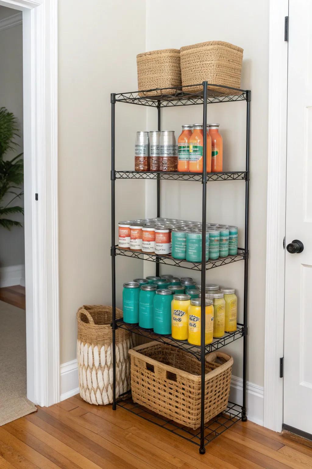Sturdy wire shelving keeps bulk drink cases off the floor—clean, organized, and chic.