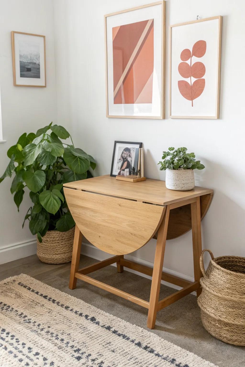 Lean a bold frame on your drop leaf table and add one small plant for an effortless green pop.